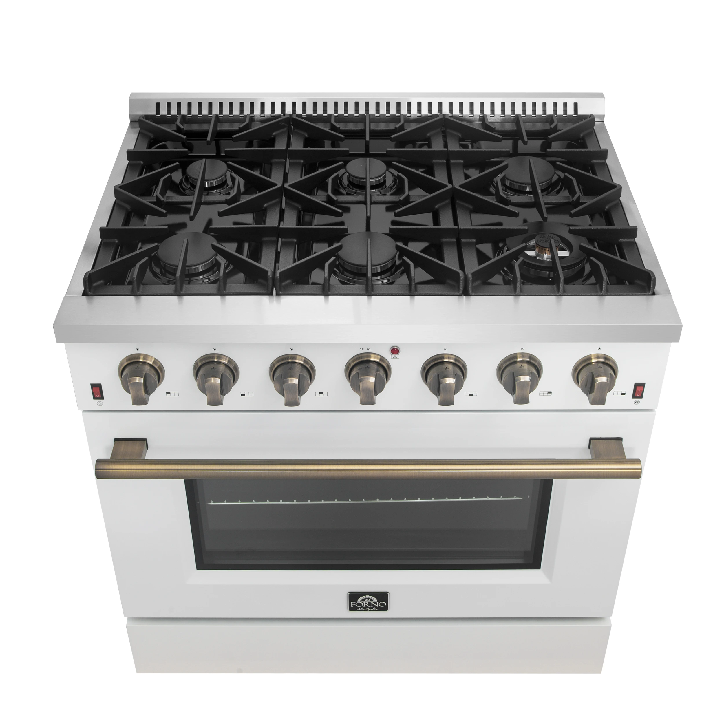 Galiano 36-inch Freestanding Gas Range in with Antique Brass Design, 6 Burners, 83,000 BTU, 5.36 cu.ft. Convection Oven FFSGS624436WHT