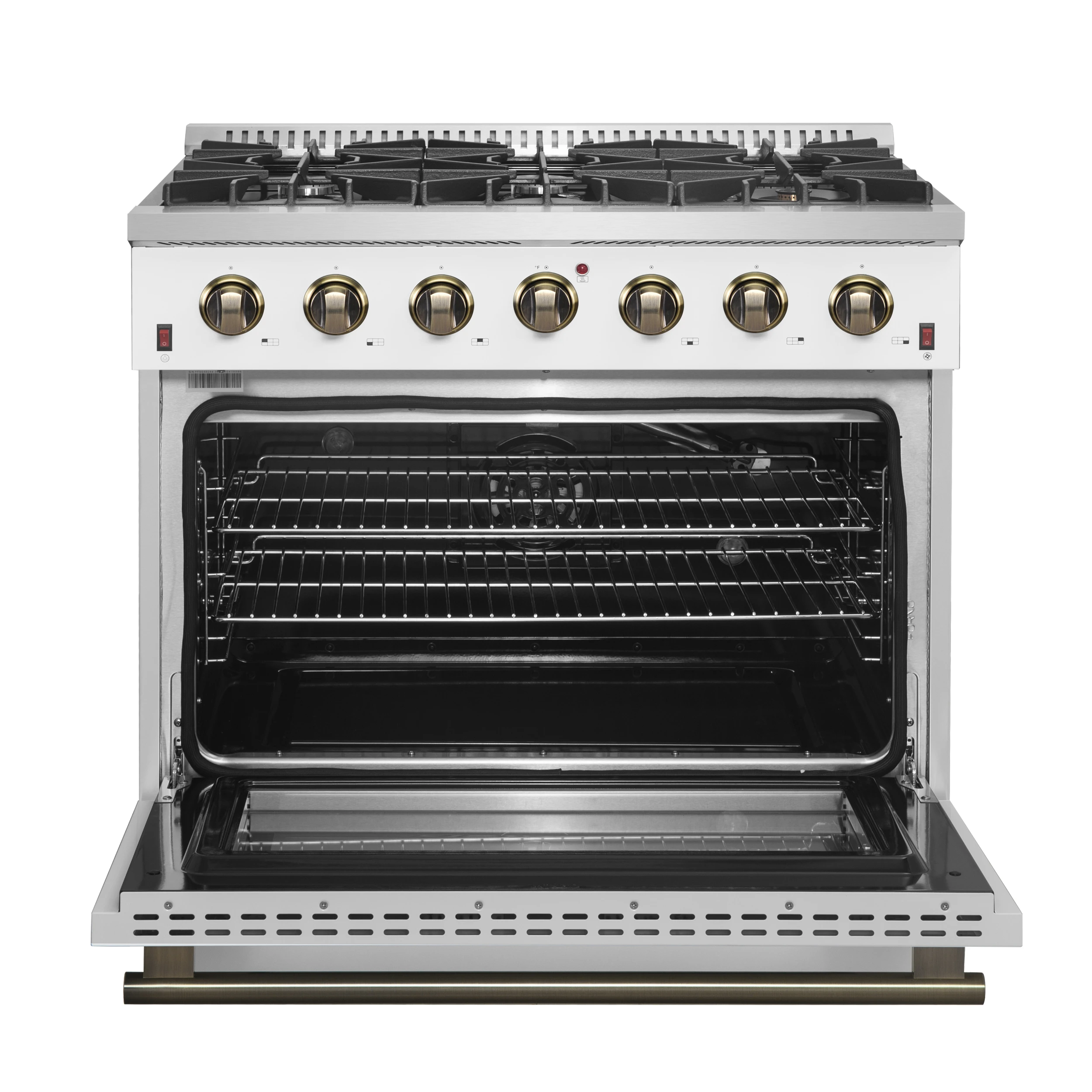 Galiano 36-inch Freestanding Gas Range in with Antique Brass Design, 6 Burners, 83,000 BTU, 5.36 cu.ft. Convection Oven FFSGS624436WHT