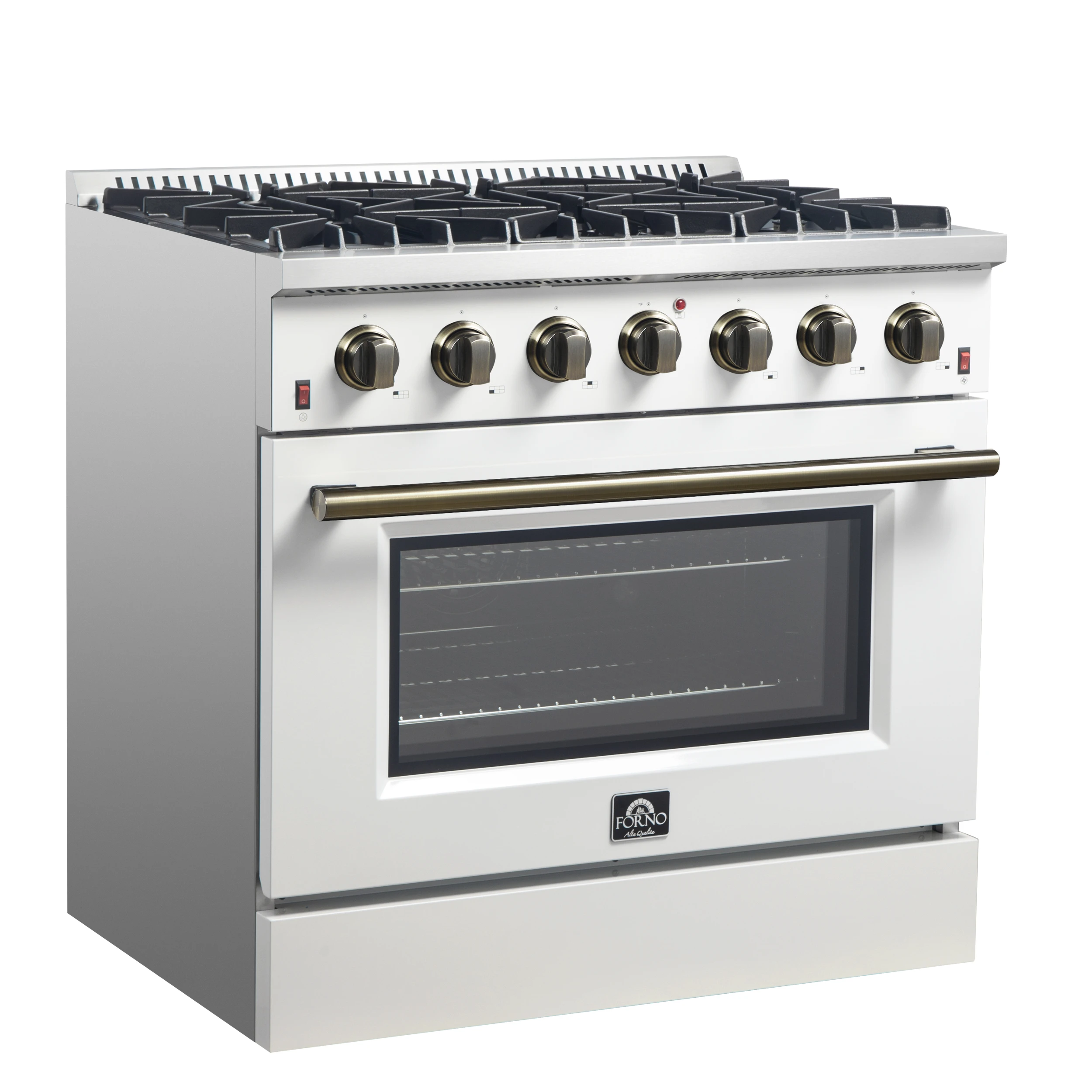 Galiano 36-inch Freestanding Gas Range in with Antique Brass Design, 6 Burners, 83,000 BTU, 5.36 cu.ft. Convection Oven FFSGS624436WHT
