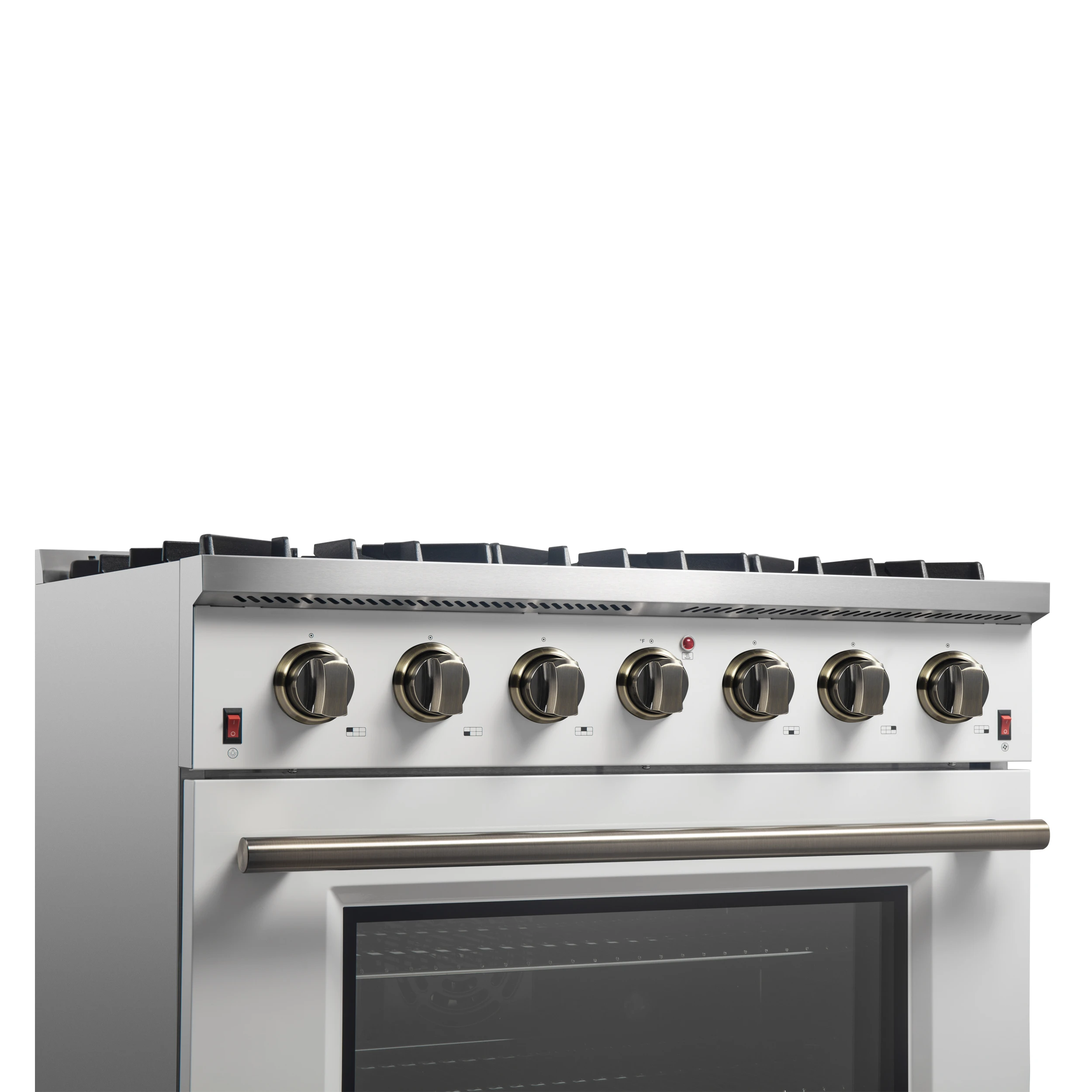 Galiano 36-inch Freestanding Gas Range in with Antique Brass Design, 6 Burners, 83,000 BTU, 5.36 cu.ft. Convection Oven FFSGS624436WHT