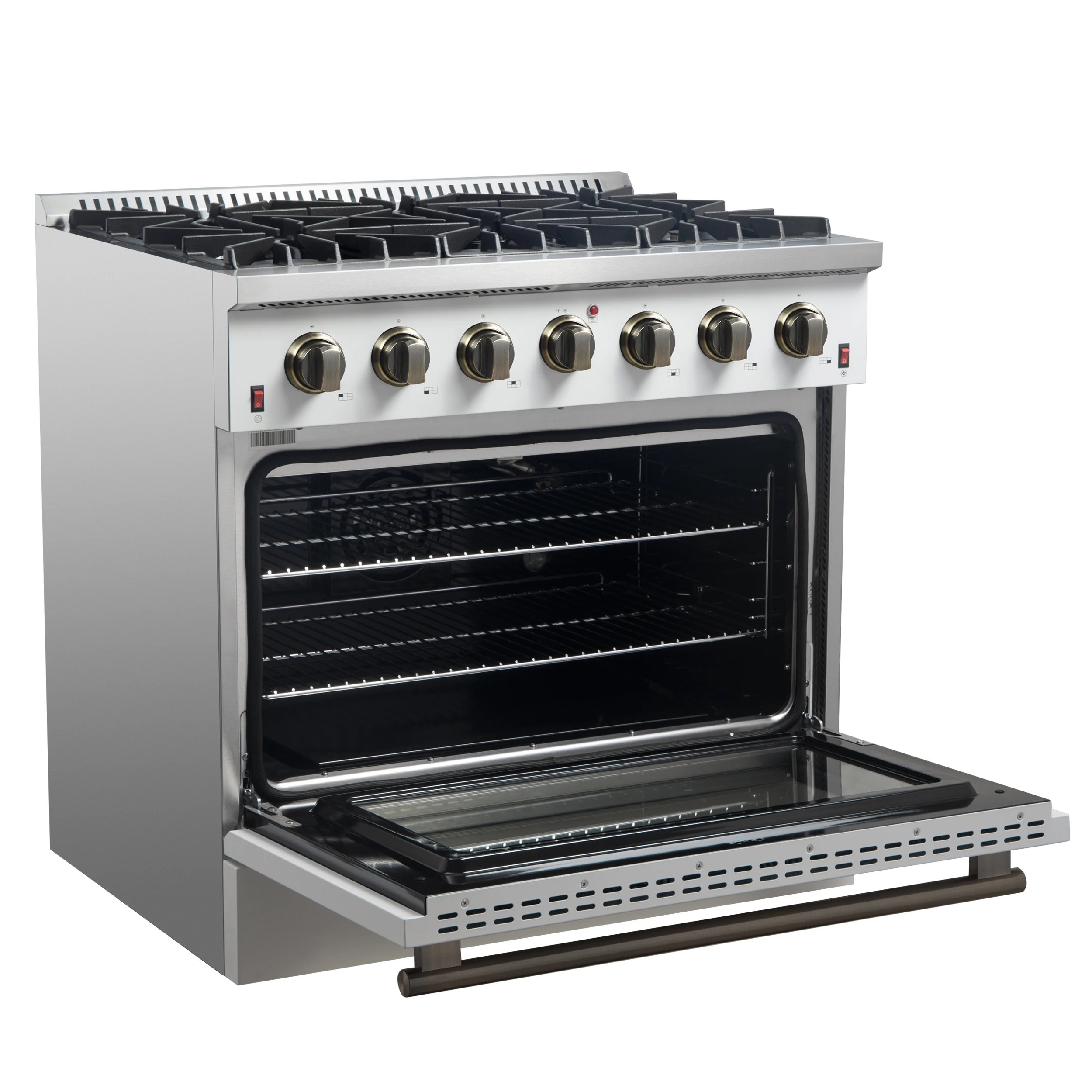 Galiano 36-inch Freestanding Gas Range in with Antique Brass Design, 6 Burners, 83,000 BTU, 5.36 cu.ft. Convection Oven FFSGS624436WHT