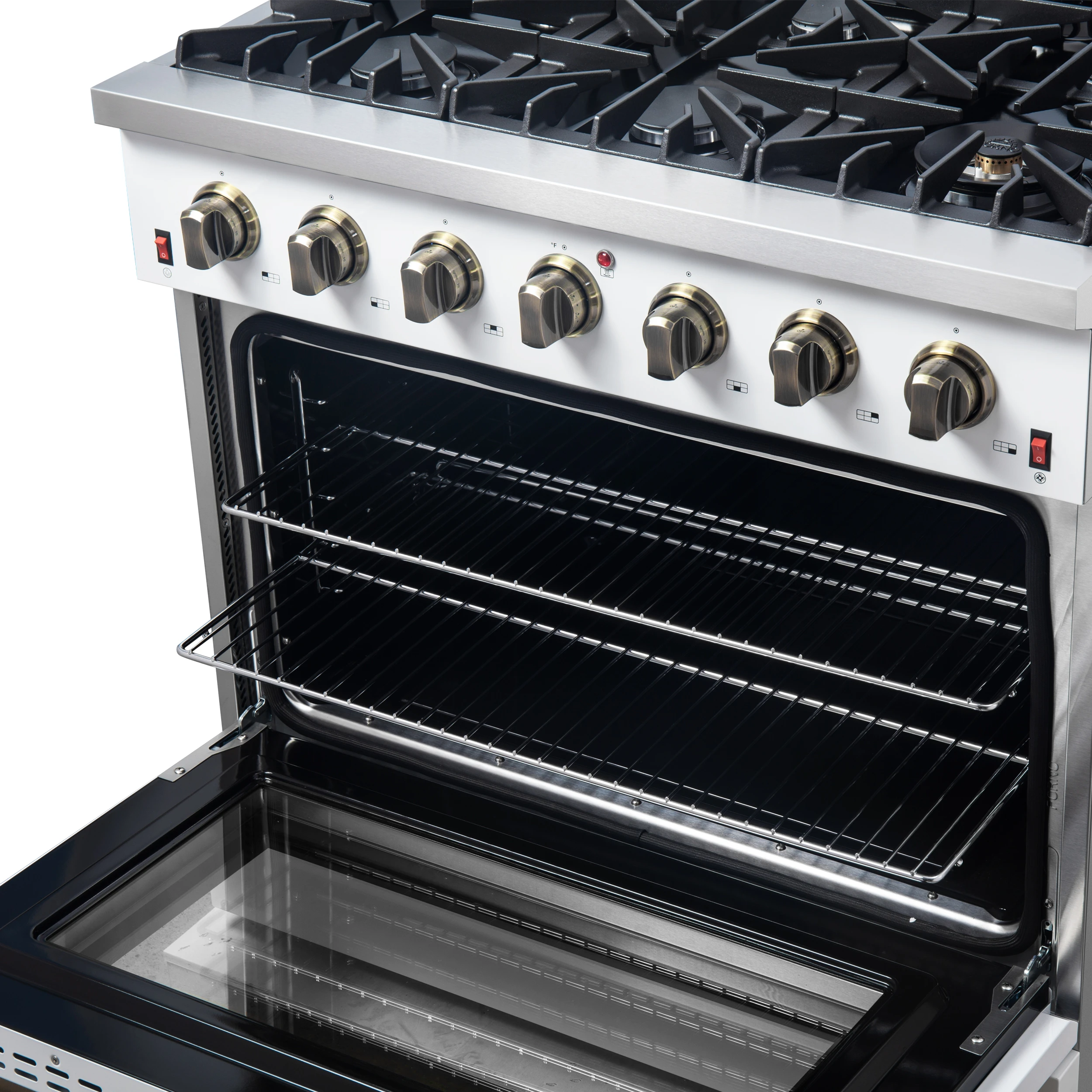 Galiano 36-inch Freestanding Gas Range in with Antique Brass Design, 6 Burners, 83,000 BTU, 5.36 cu.ft. Convection Oven FFSGS624436WHT