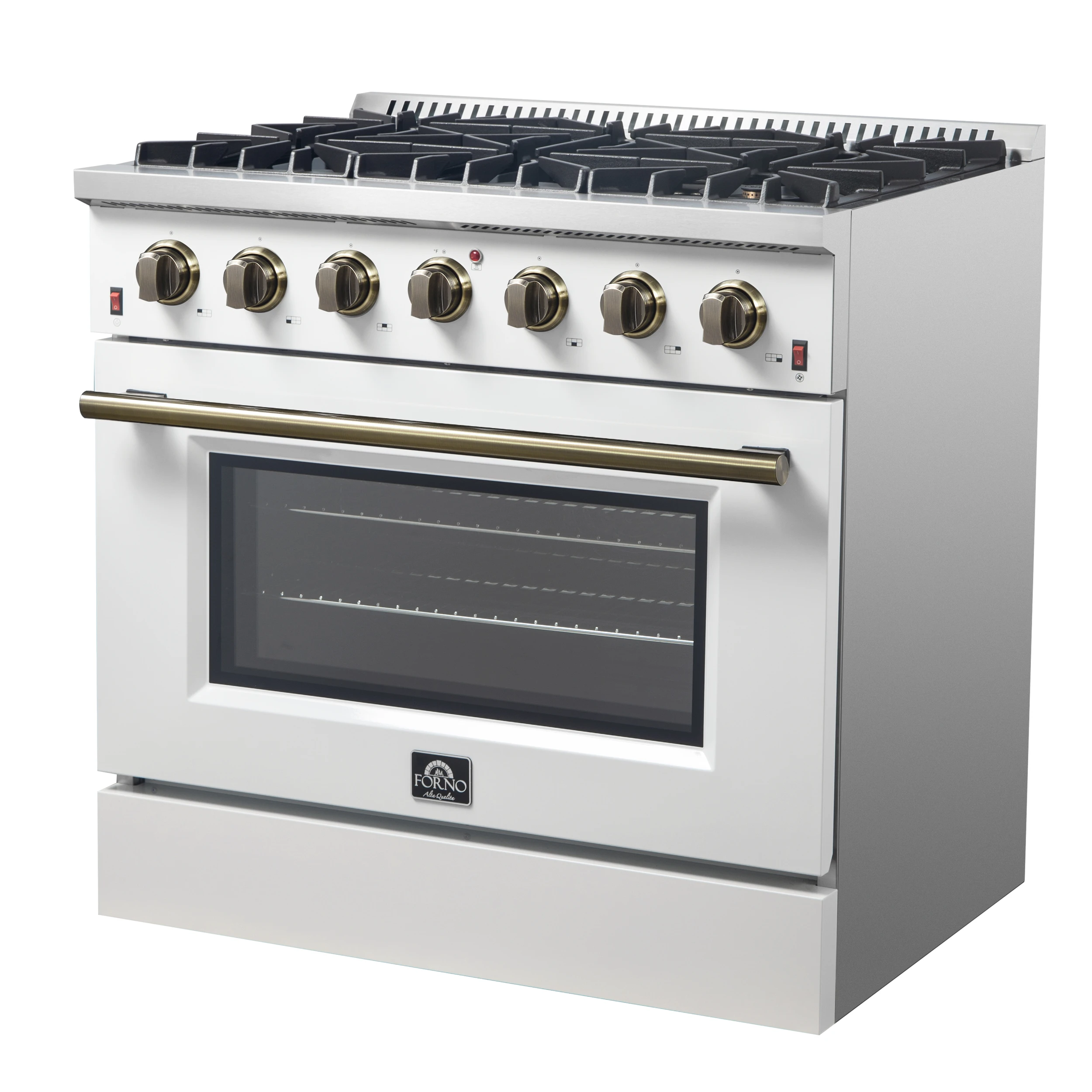 Galiano 36-inch Freestanding Gas Range in with Antique Brass Design, 6 Burners, 83,000 BTU, 5.36 cu.ft. Convection Oven FFSGS624436WHT
