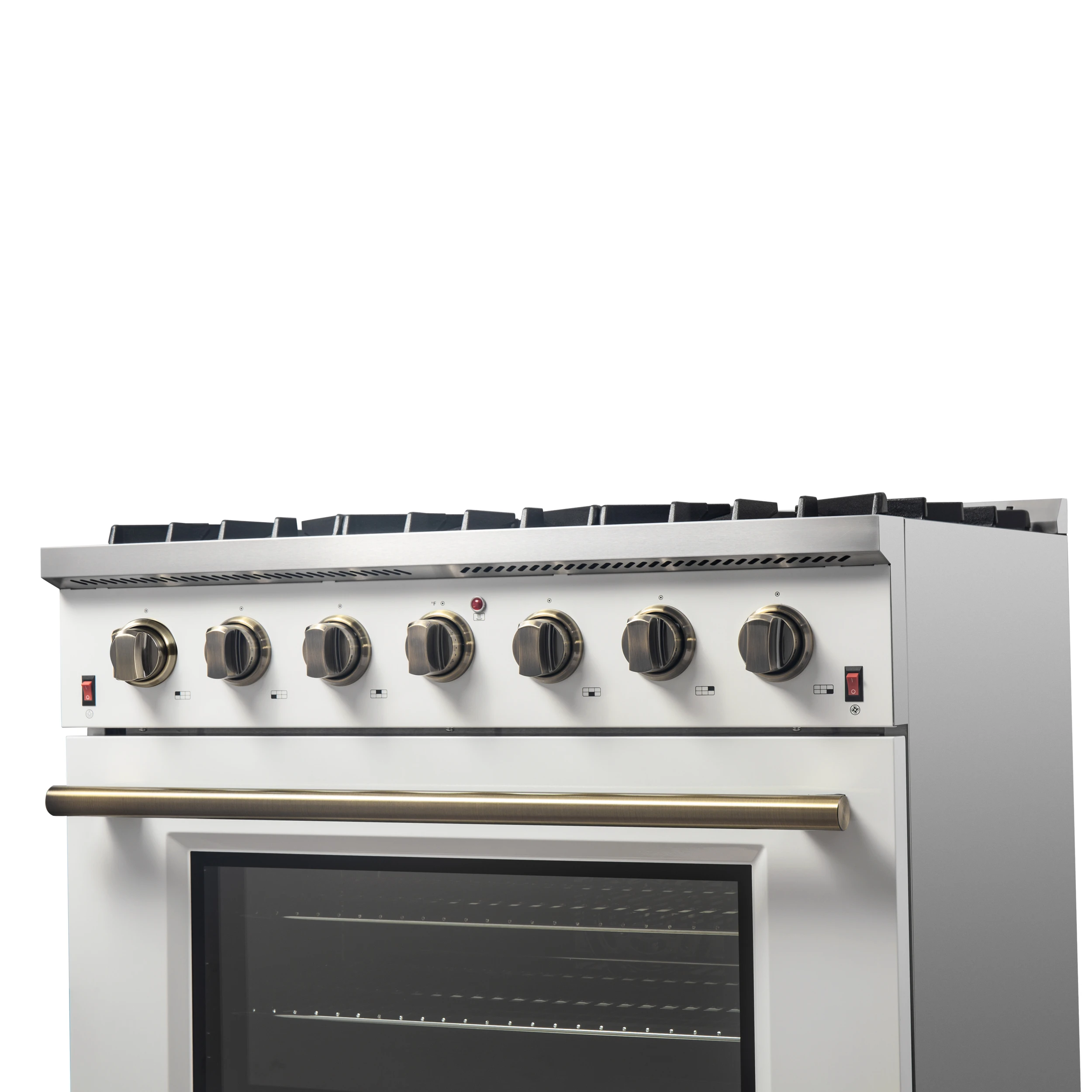 Galiano 36-inch Freestanding Gas Range in with Antique Brass Design, 6 Burners, 83,000 BTU, 5.36 cu.ft. Convection Oven FFSGS624436WHT