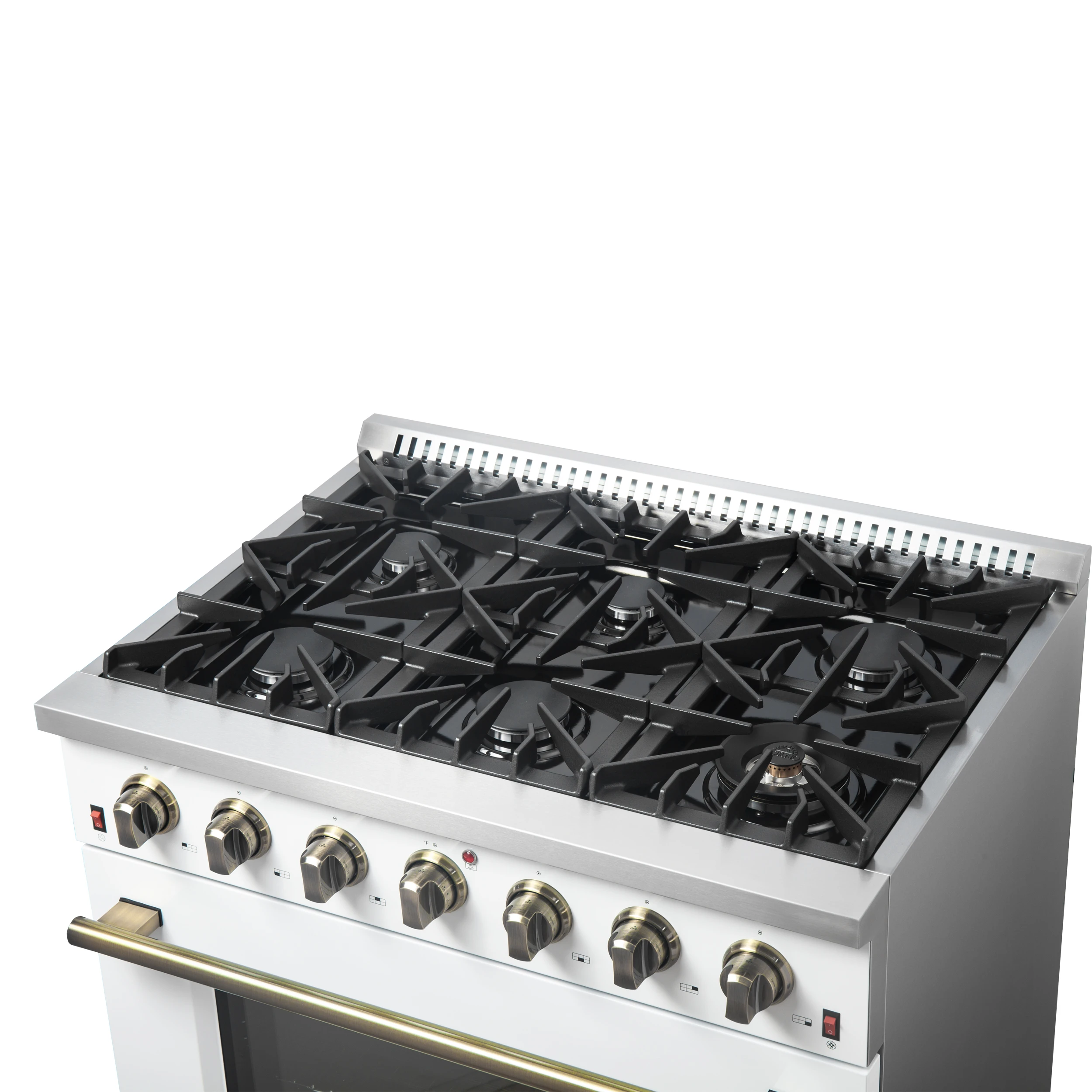 Galiano 36-inch Freestanding Gas Range in with Antique Brass Design, 6 Burners, 83,000 BTU, 5.36 cu.ft. Convection Oven FFSGS624436WHT