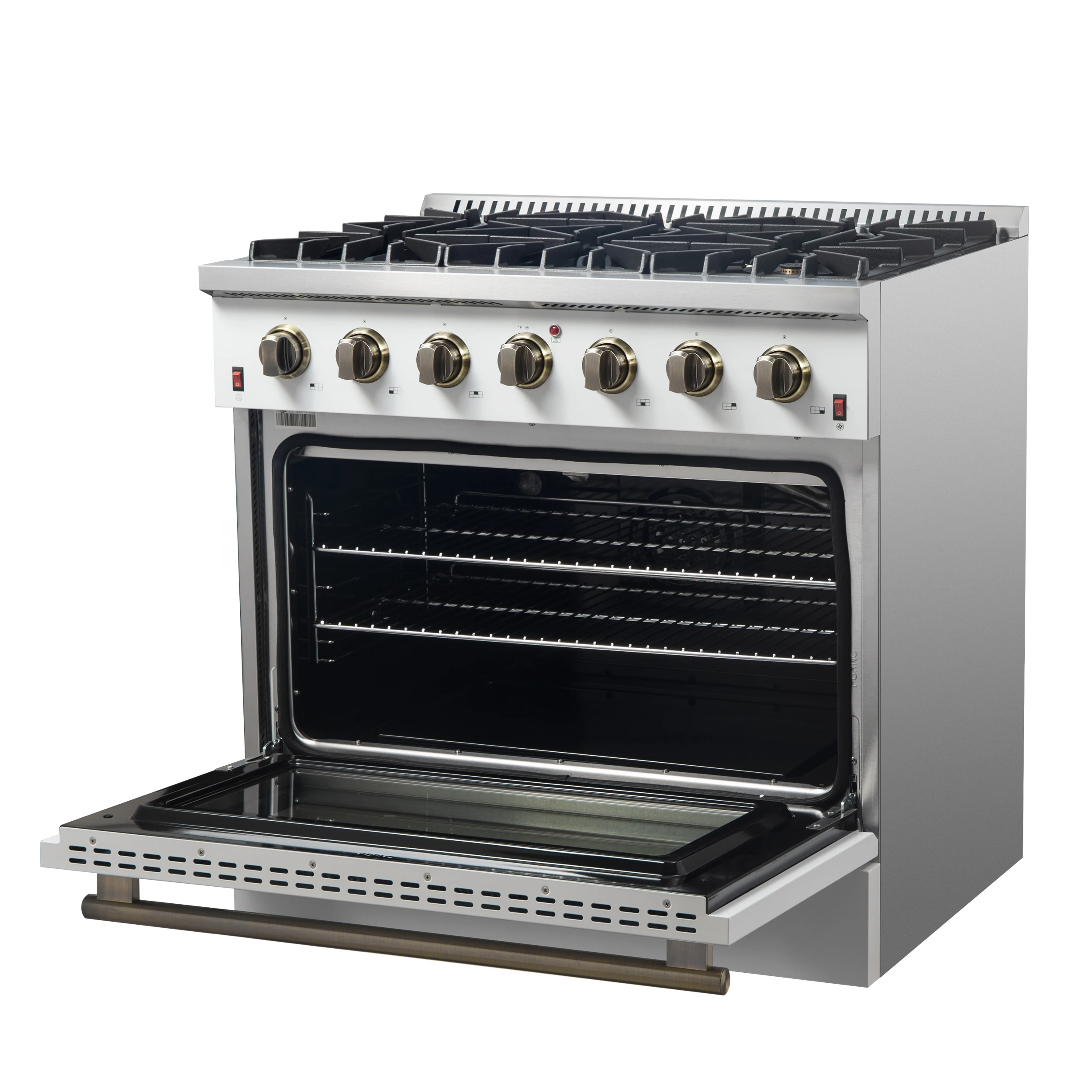 Galiano 36-inch Freestanding Gas Range in with Antique Brass Design, 6 Burners, 83,000 BTU, 5.36 cu.ft. Convection Oven FFSGS624436WHT