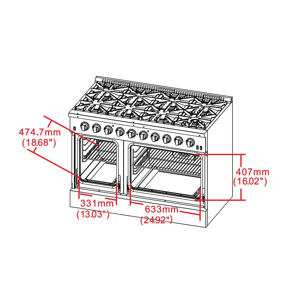 Galiano 48-Inch Freestanding Gas Range, , 8 Burners, 107,000 BTU, Griddle, Double Ovens, Energy Efficient FFSGS624448