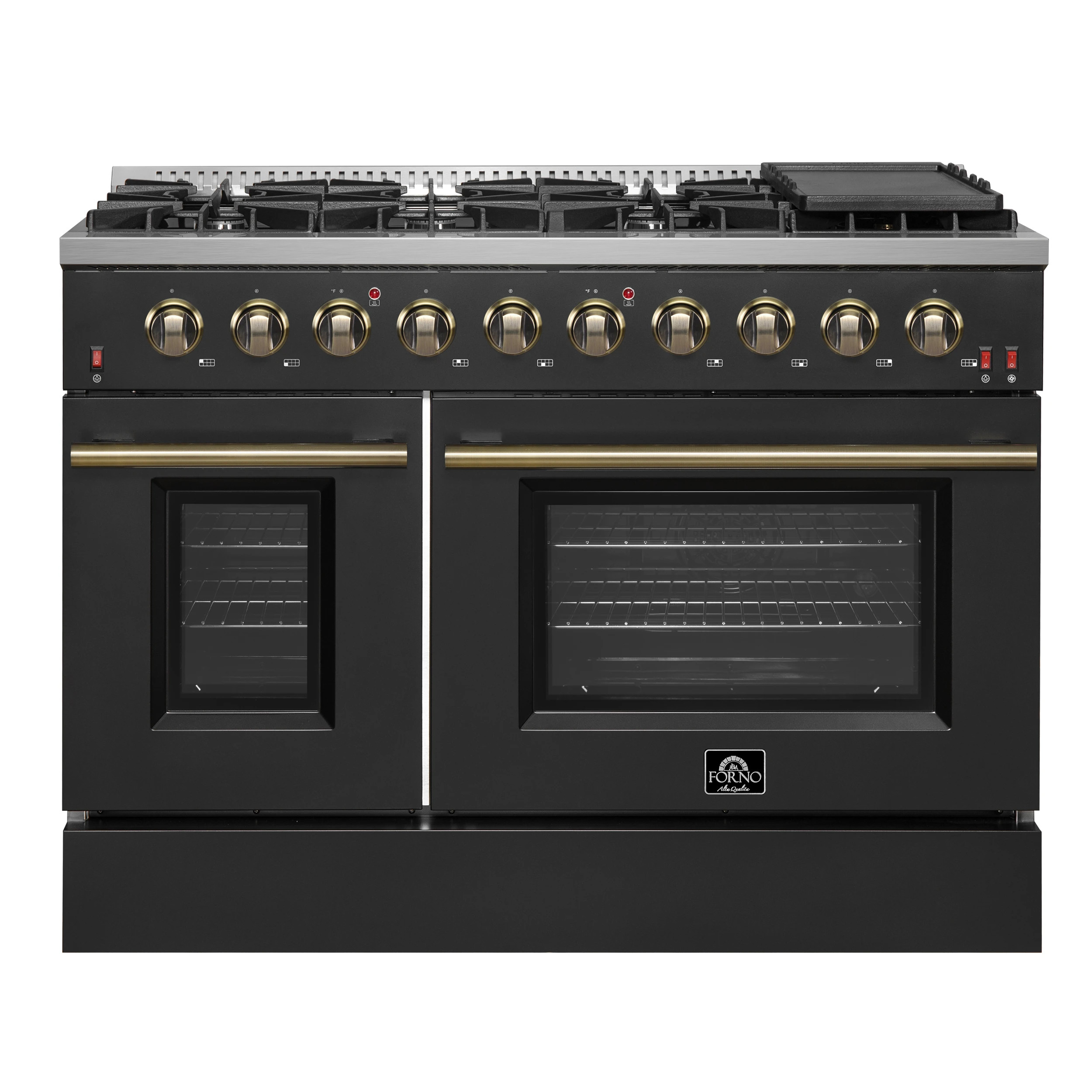 Galiano 48-inch Gas Range & Antique Brass Design, 8 Burners, 107,000 BTU, Griddle, 6.58 cu.ft. Double Ovens FFSGS624448BLK