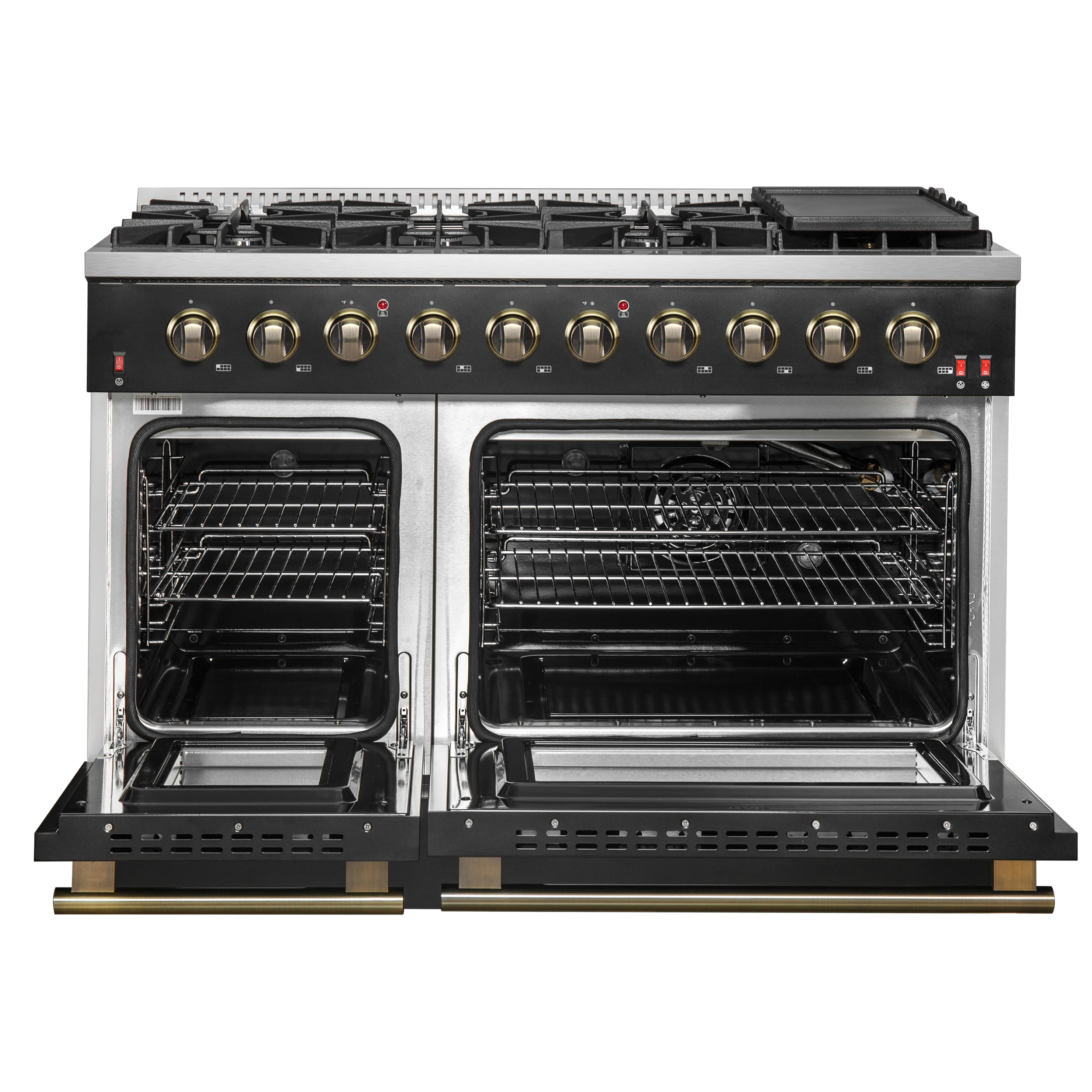 Galiano 48-inch Gas Range & Antique Brass Design, 8 Burners, 107,000 BTU, Griddle, 6.58 cu.ft. Double Ovens FFSGS624448BLK