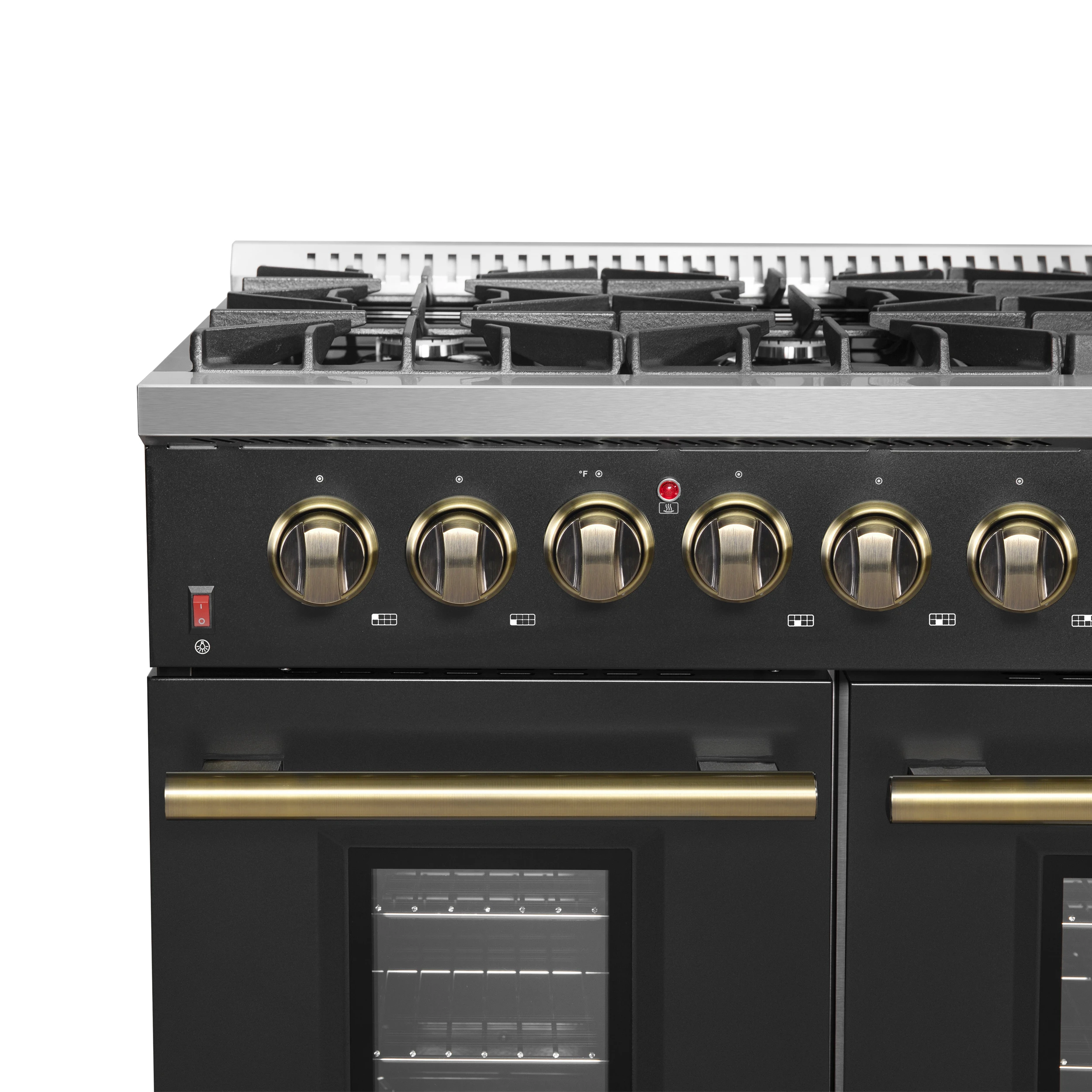 Galiano 48-inch Gas Range & Antique Brass Design, 8 Burners, 107,000 BTU, Griddle, 6.58 cu.ft. Double Ovens FFSGS624448BLK