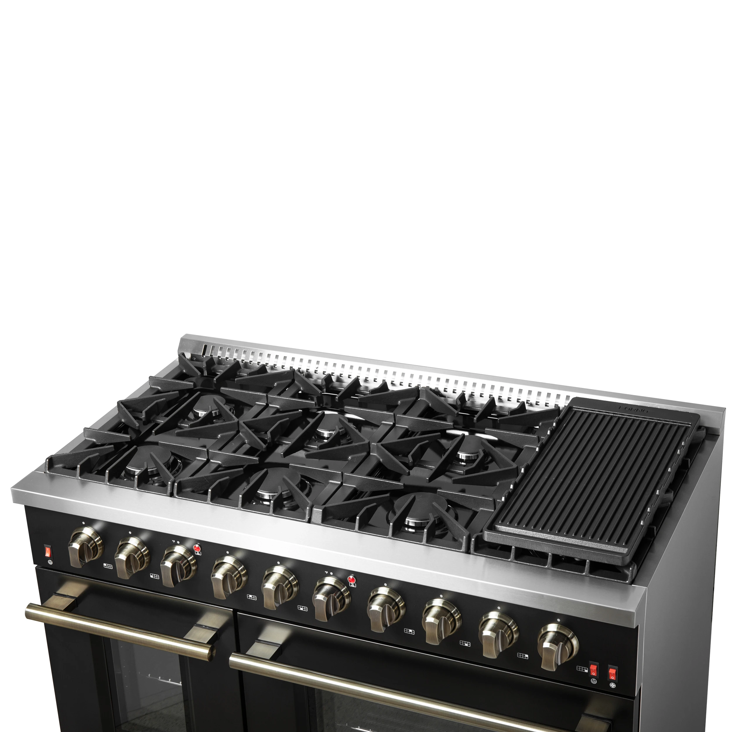 Galiano 48-inch Gas Range & Antique Brass Design, 8 Burners, 107,000 BTU, Griddle, 6.58 cu.ft. Double Ovens FFSGS624448BLK