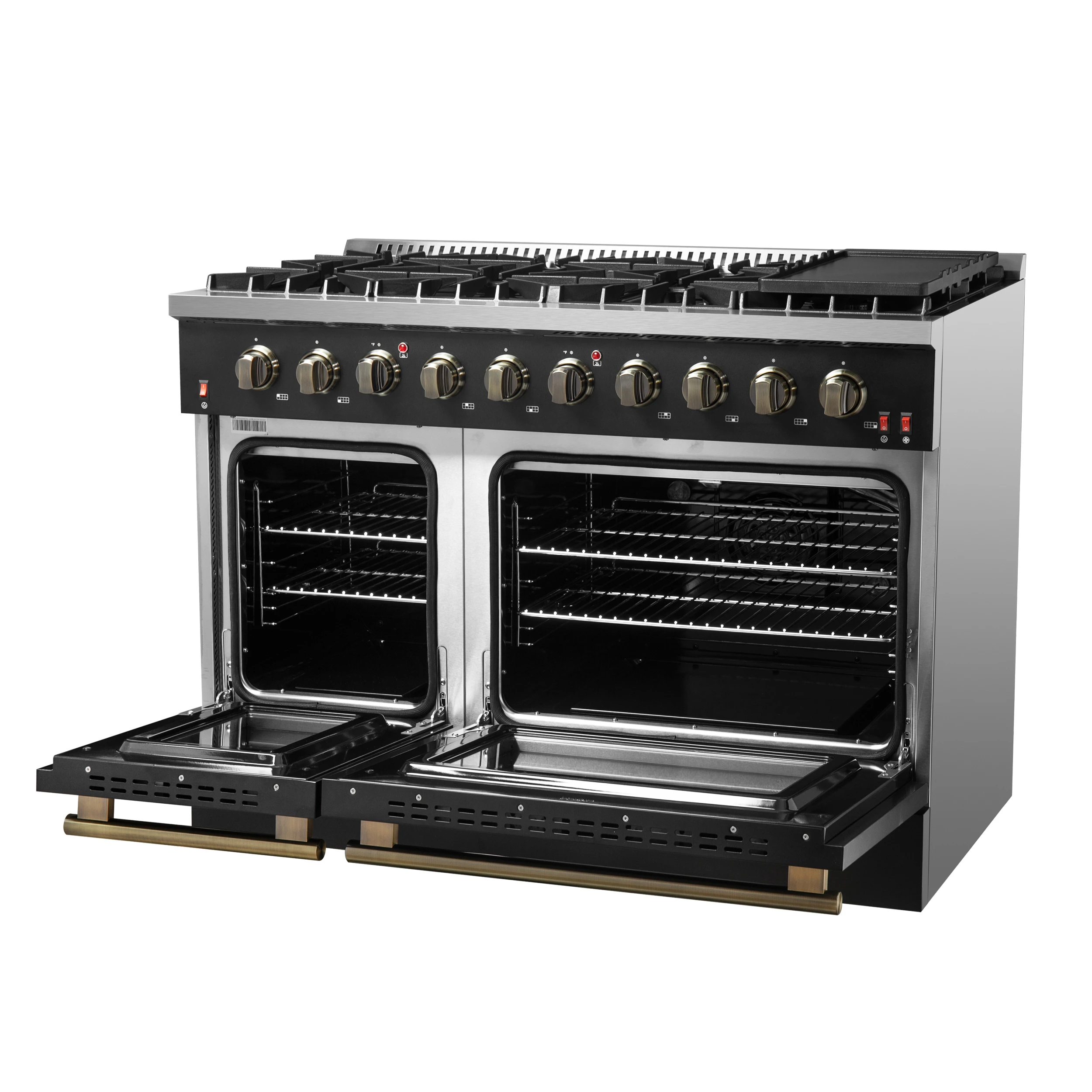 Galiano 48-inch Gas Range & Antique Brass Design, 8 Burners, 107,000 BTU, Griddle, 6.58 cu.ft. Double Ovens FFSGS624448BLK