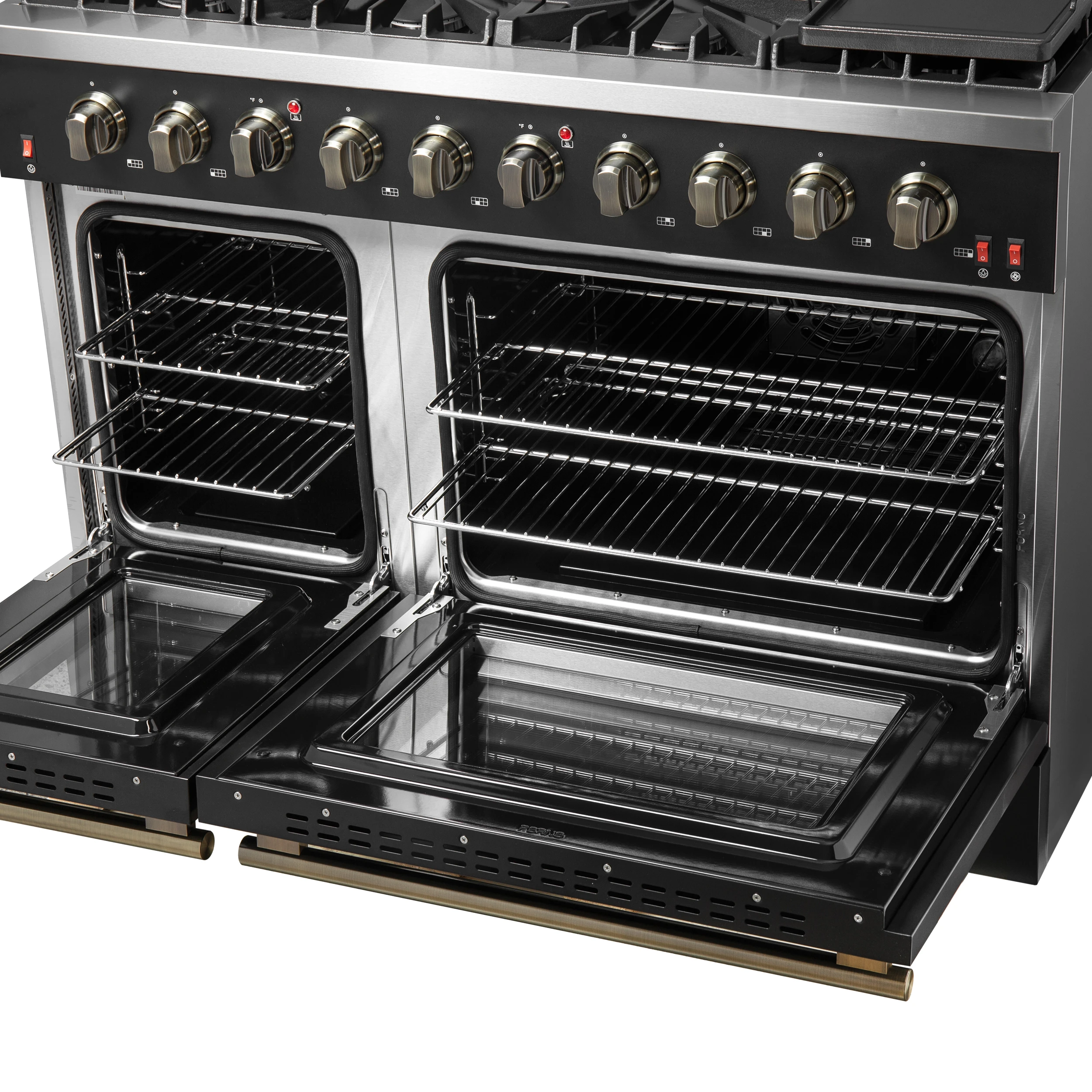 Galiano 48-inch Gas Range & Antique Brass Design, 8 Burners, 107,000 BTU, Griddle, 6.58 cu.ft. Double Ovens FFSGS624448BLK