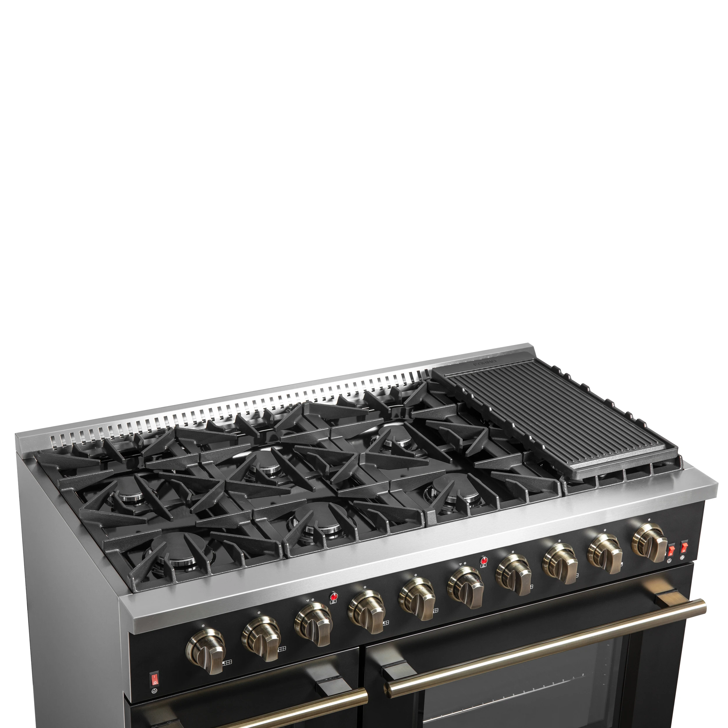 Galiano 48-inch Gas Range & Antique Brass Design, 8 Burners, 107,000 BTU, Griddle, 6.58 cu.ft. Double Ovens FFSGS624448BLK
