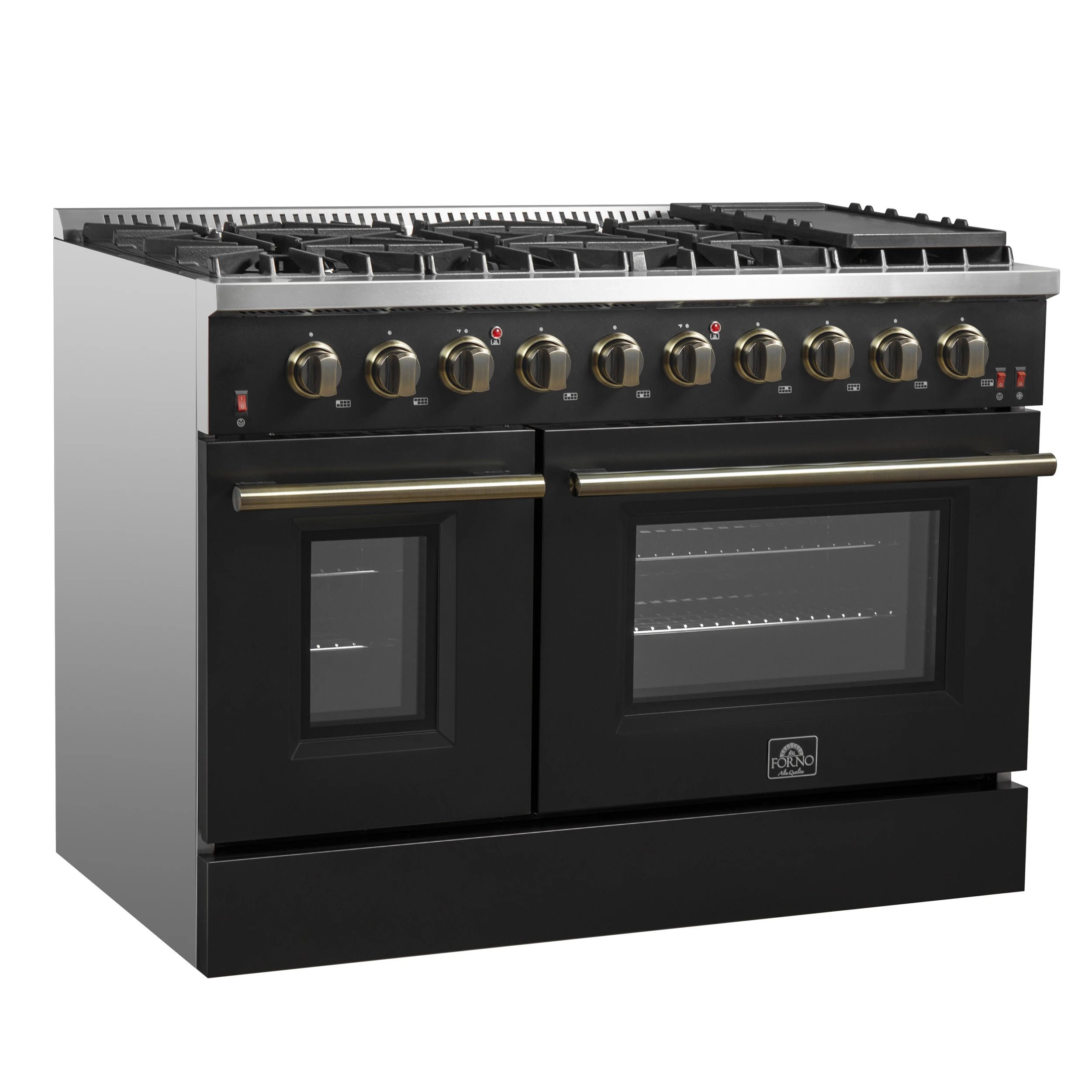 Galiano 48-inch Gas Range & Antique Brass Design, 8 Burners, 107,000 BTU, Griddle, 6.58 cu.ft. Double Ovens FFSGS624448BLK
