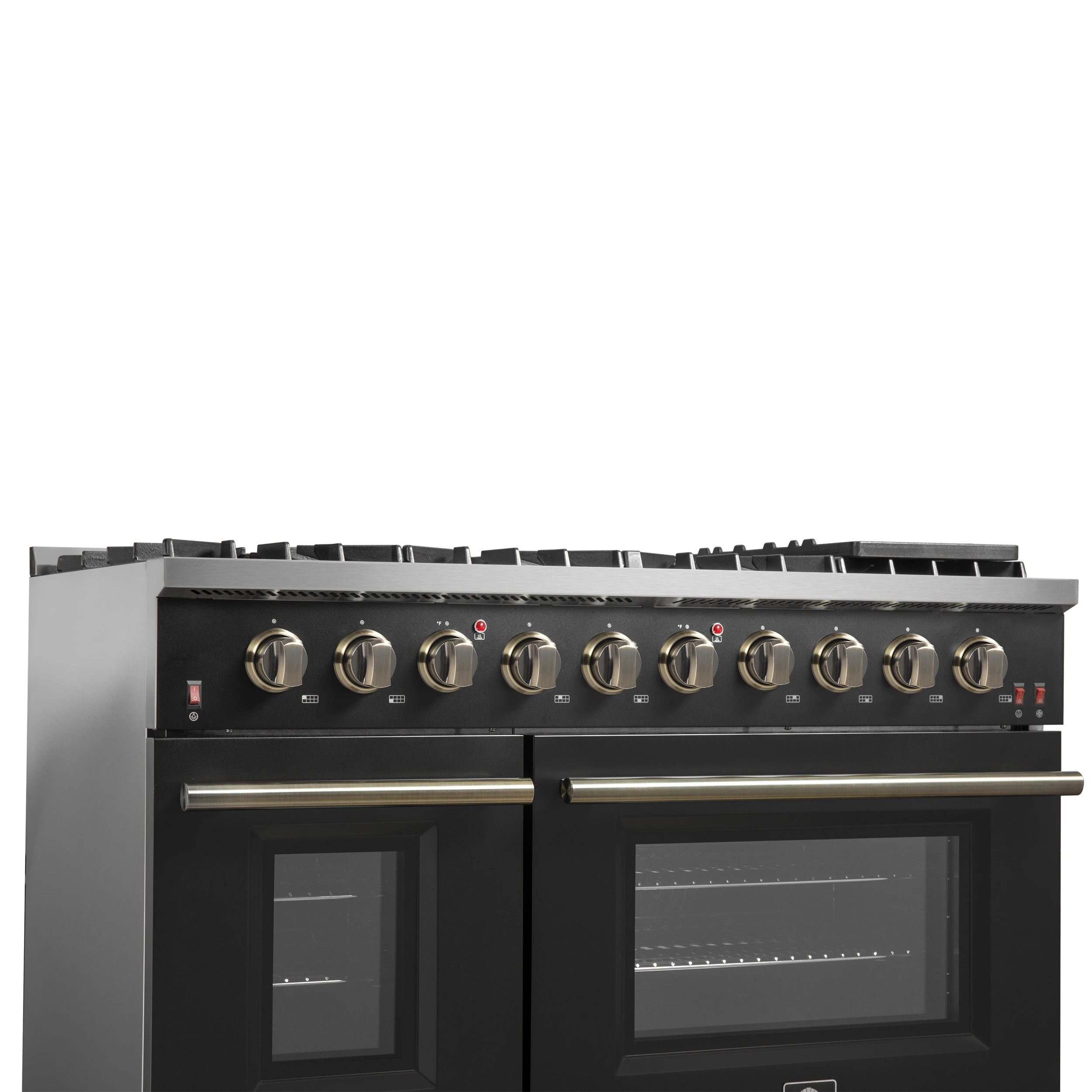 Galiano 48-inch Gas Range & Antique Brass Design, 8 Burners, 107,000 BTU, Griddle, 6.58 cu.ft. Double Ovens FFSGS624448BLK