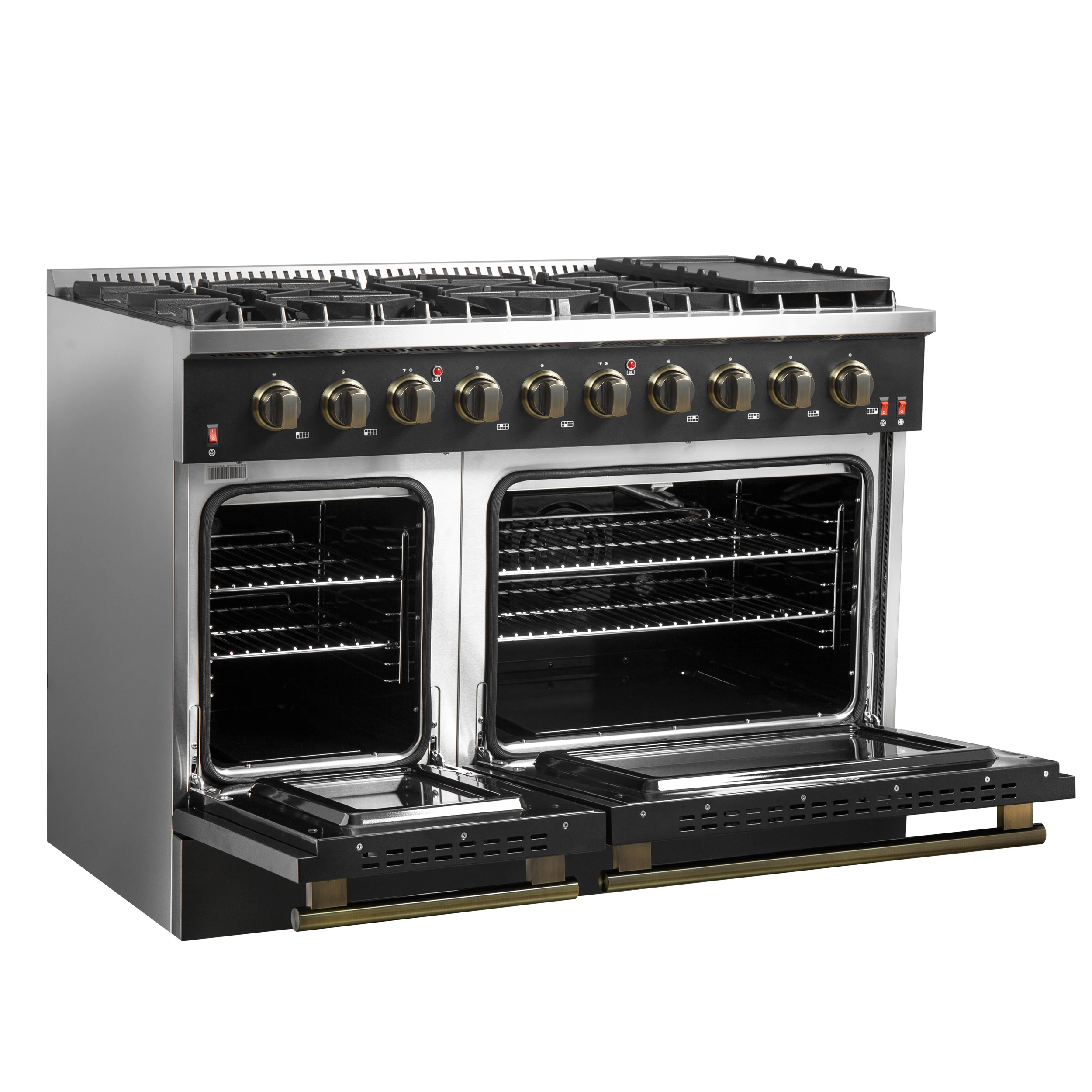 Galiano 48-inch Gas Range & Antique Brass Design, 8 Burners, 107,000 BTU, Griddle, 6.58 cu.ft. Double Ovens FFSGS624448BLK