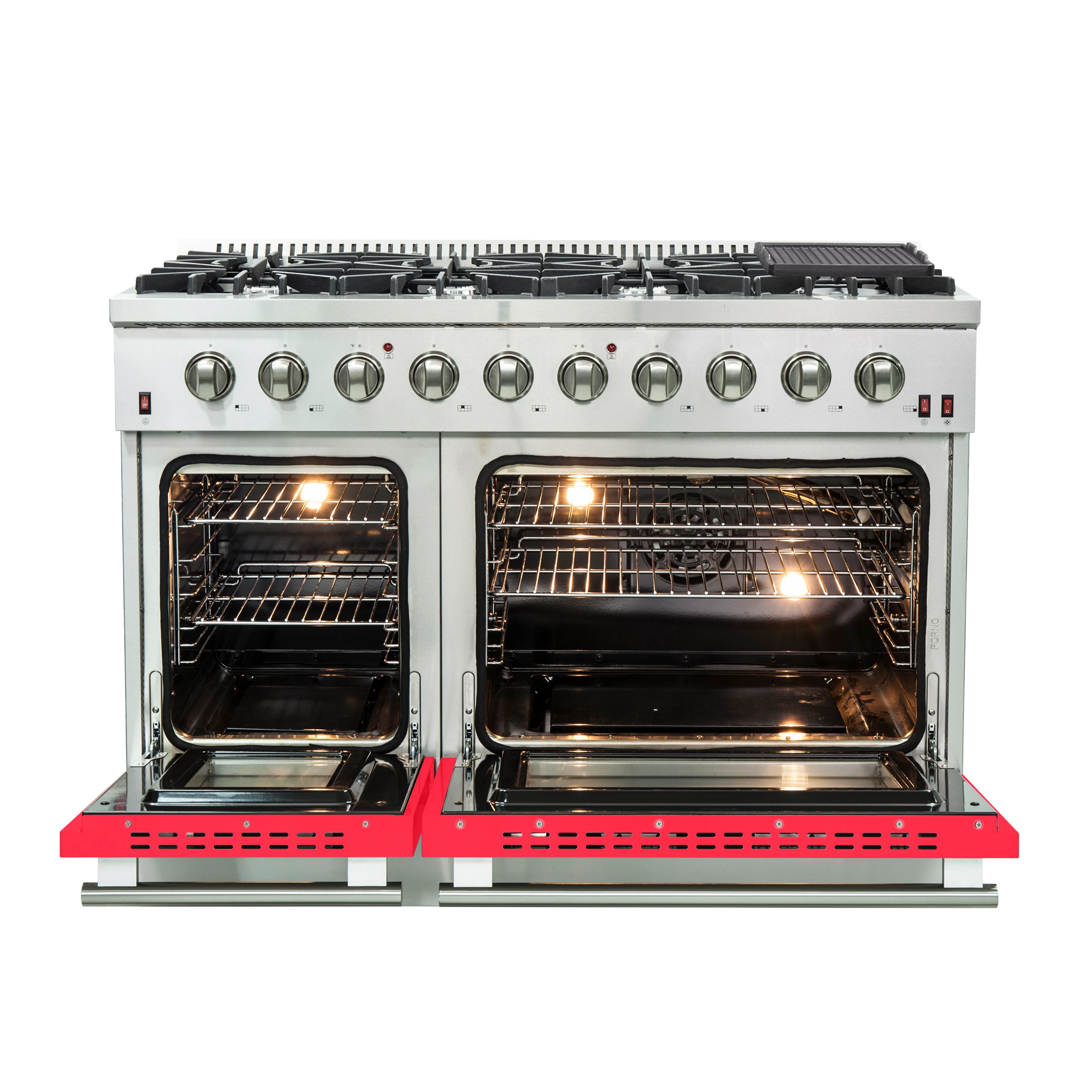 Galiano 48-Inch Freestanding Gas Range, , 8 Burners, 107,000 BTU, Griddle, Double Ovens, Energy Efficient, Doors FFSGS624448RED