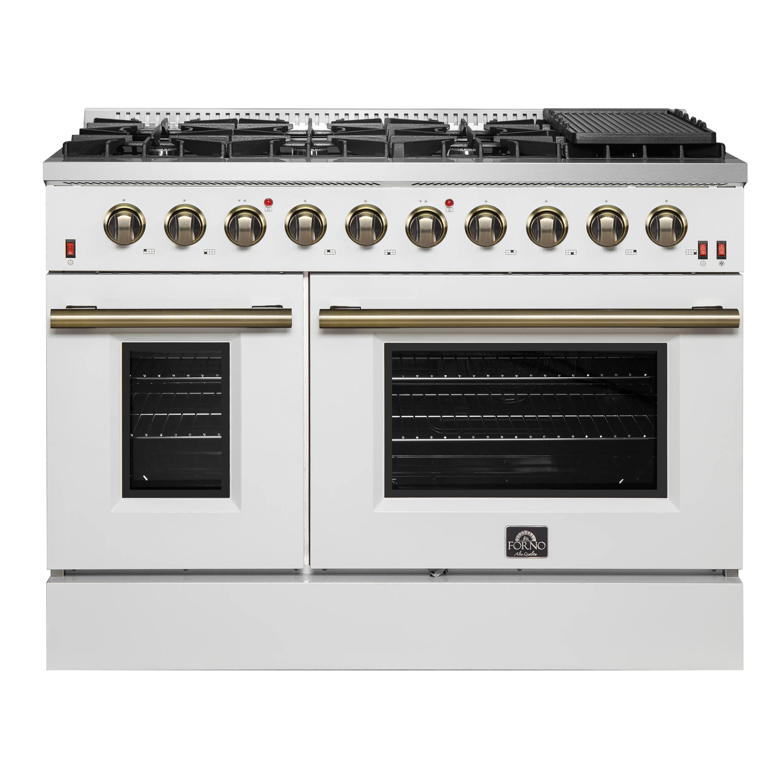 Galiano 48-inch Gas Range & Antique Brass Design, 8 Burners, 107,000 BTU, Griddle, 6.58 cu.ft. Double Ovens FFSGS624448WHT