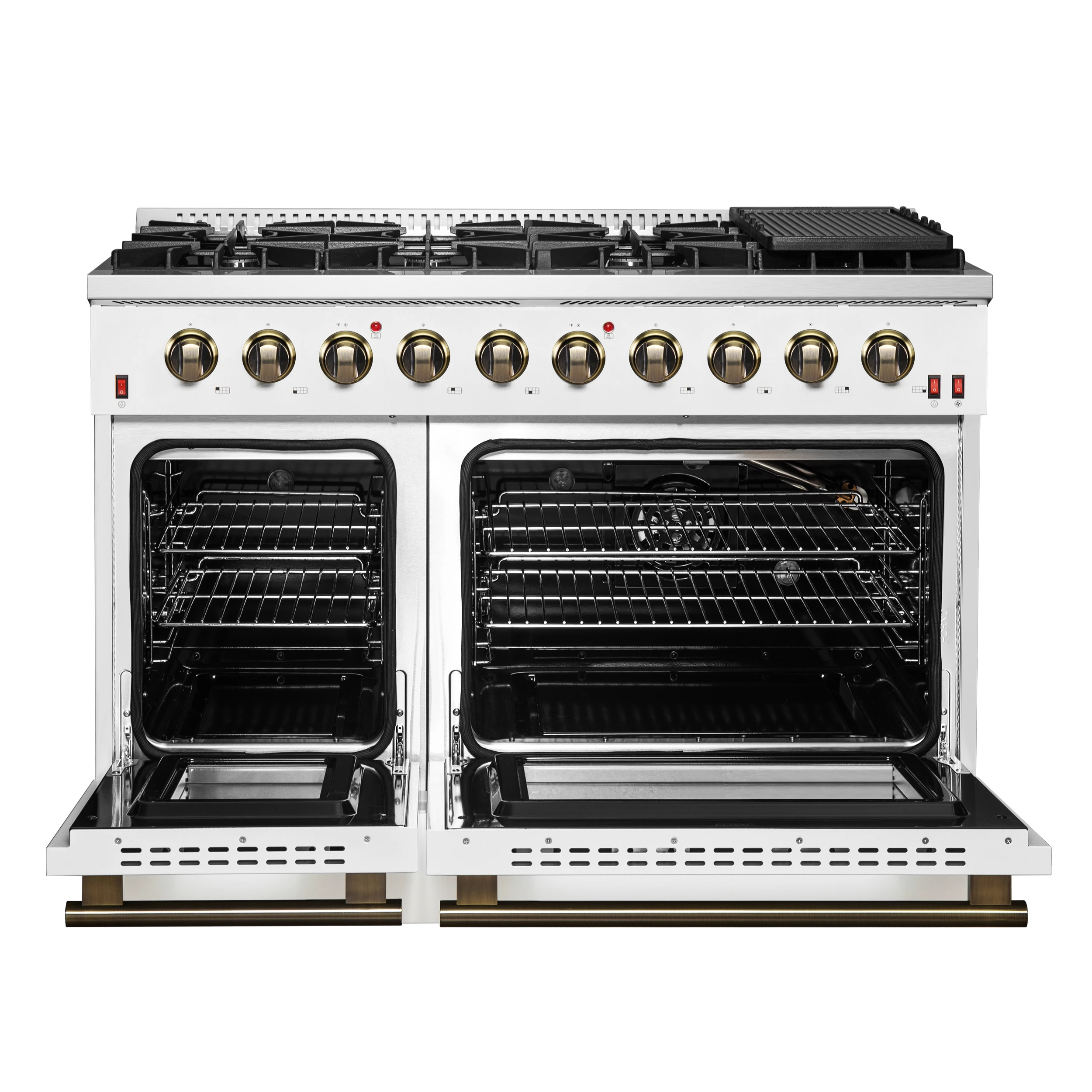 Galiano 48-inch Gas Range & Antique Brass Design, 8 Burners, 107,000 BTU, Griddle, 6.58 cu.ft. Double Ovens FFSGS624448WHT