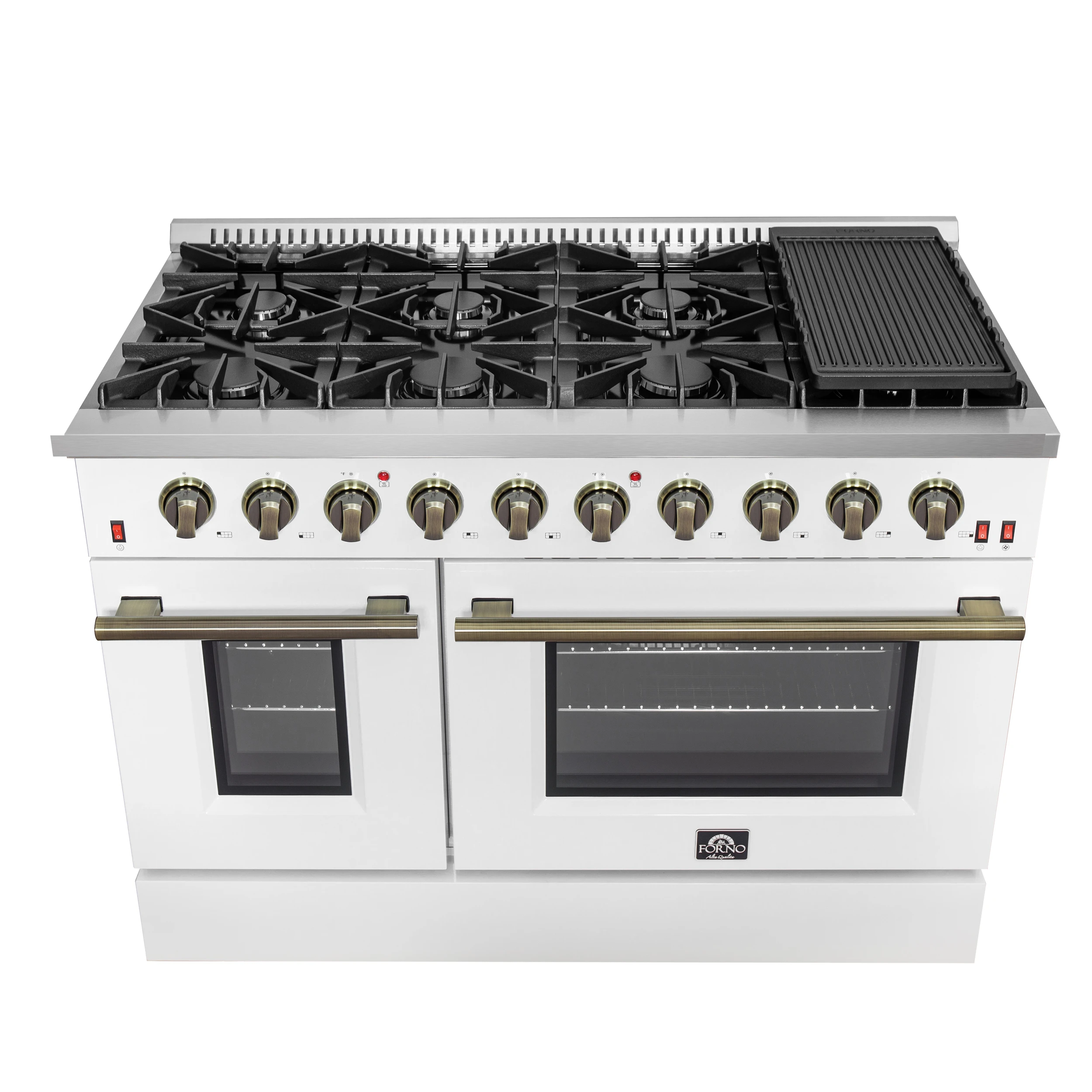 Galiano 48-inch Gas Range & Antique Brass Design, 8 Burners, 107,000 BTU, Griddle, 6.58 cu.ft. Double Ovens FFSGS624448WHT
