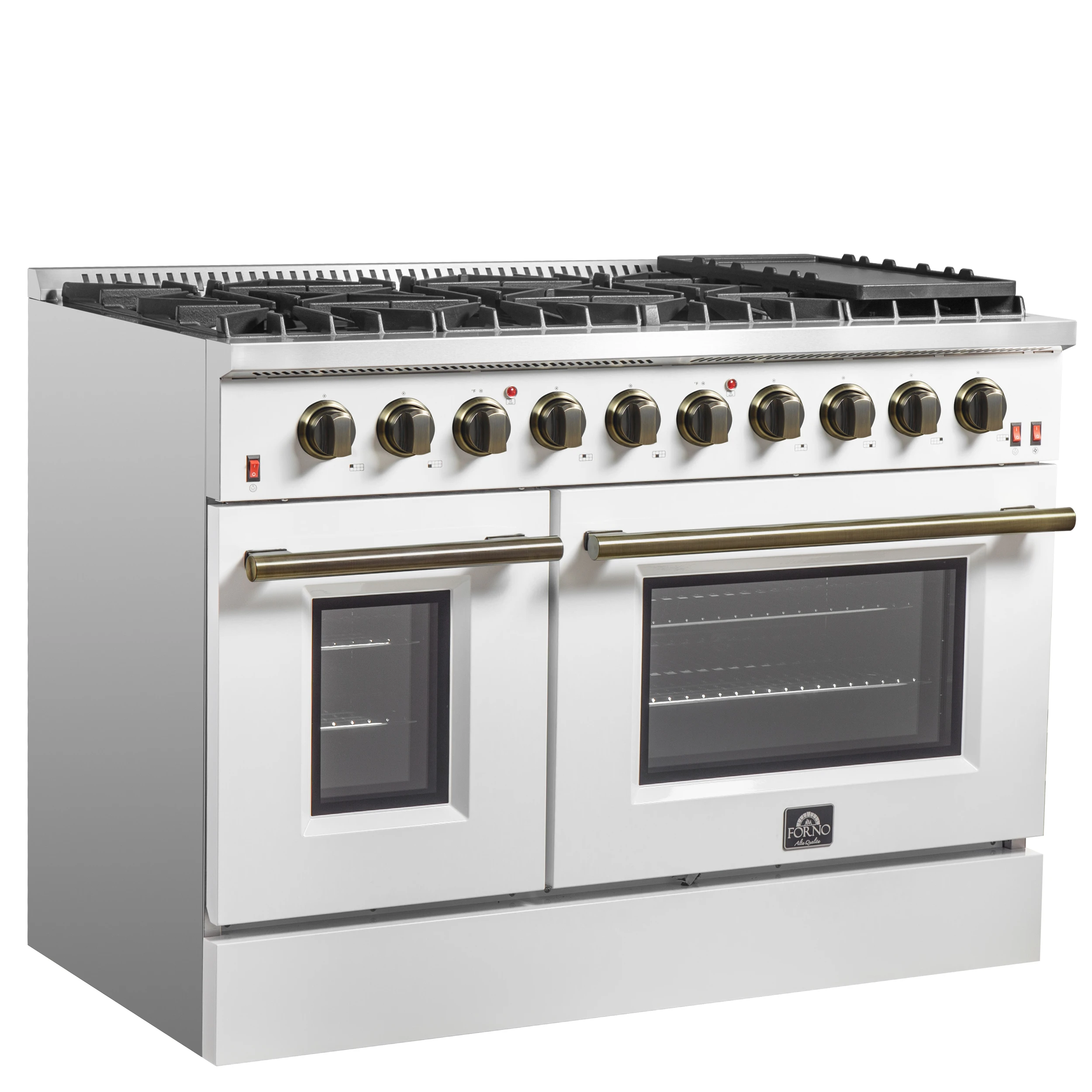 Galiano 48-inch Gas Range & Antique Brass Design, 8 Burners, 107,000 BTU, Griddle, 6.58 cu.ft. Double Ovens FFSGS624448WHT