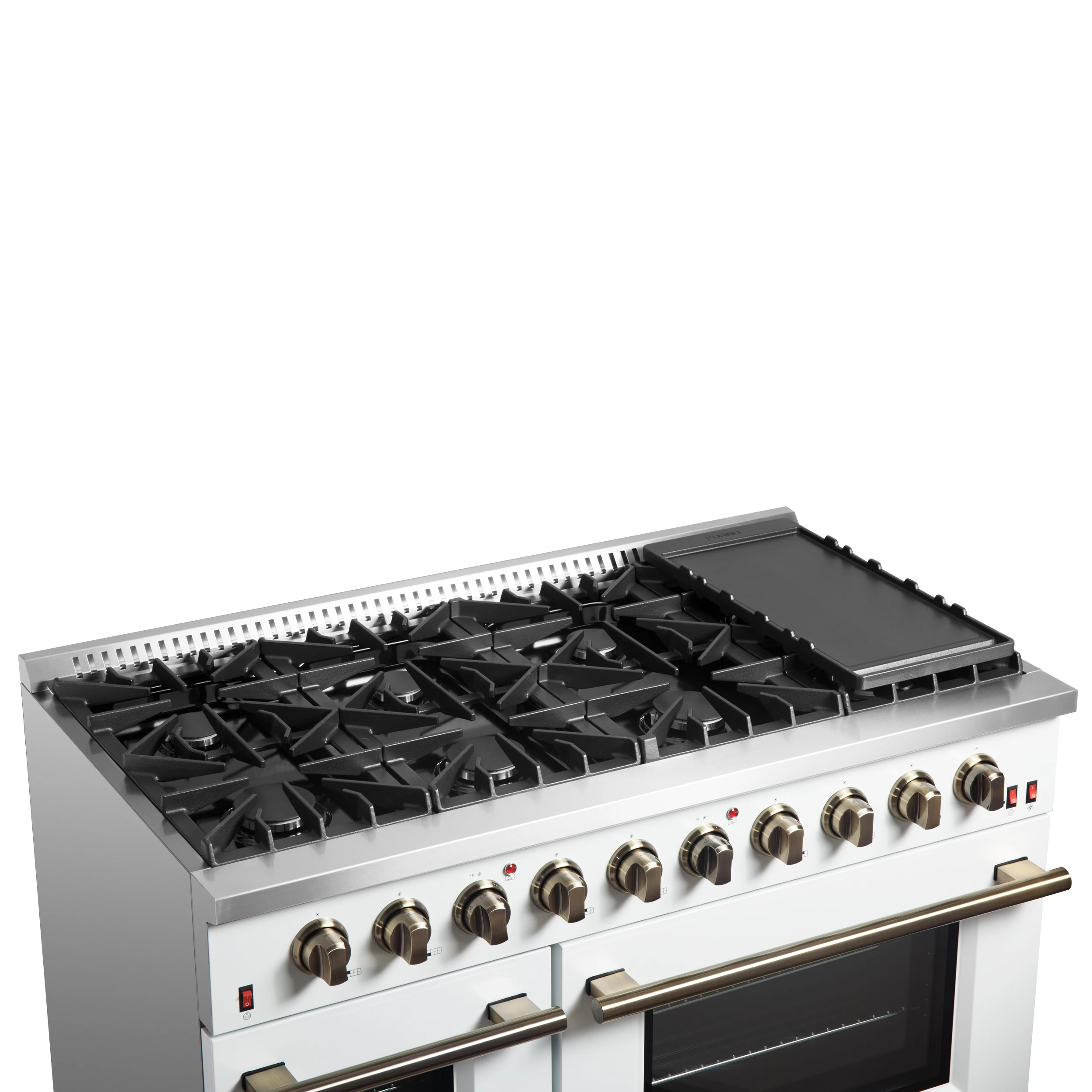 Galiano 48-inch Gas Range & Antique Brass Design, 8 Burners, 107,000 BTU, Griddle, 6.58 cu.ft. Double Ovens FFSGS624448WHT