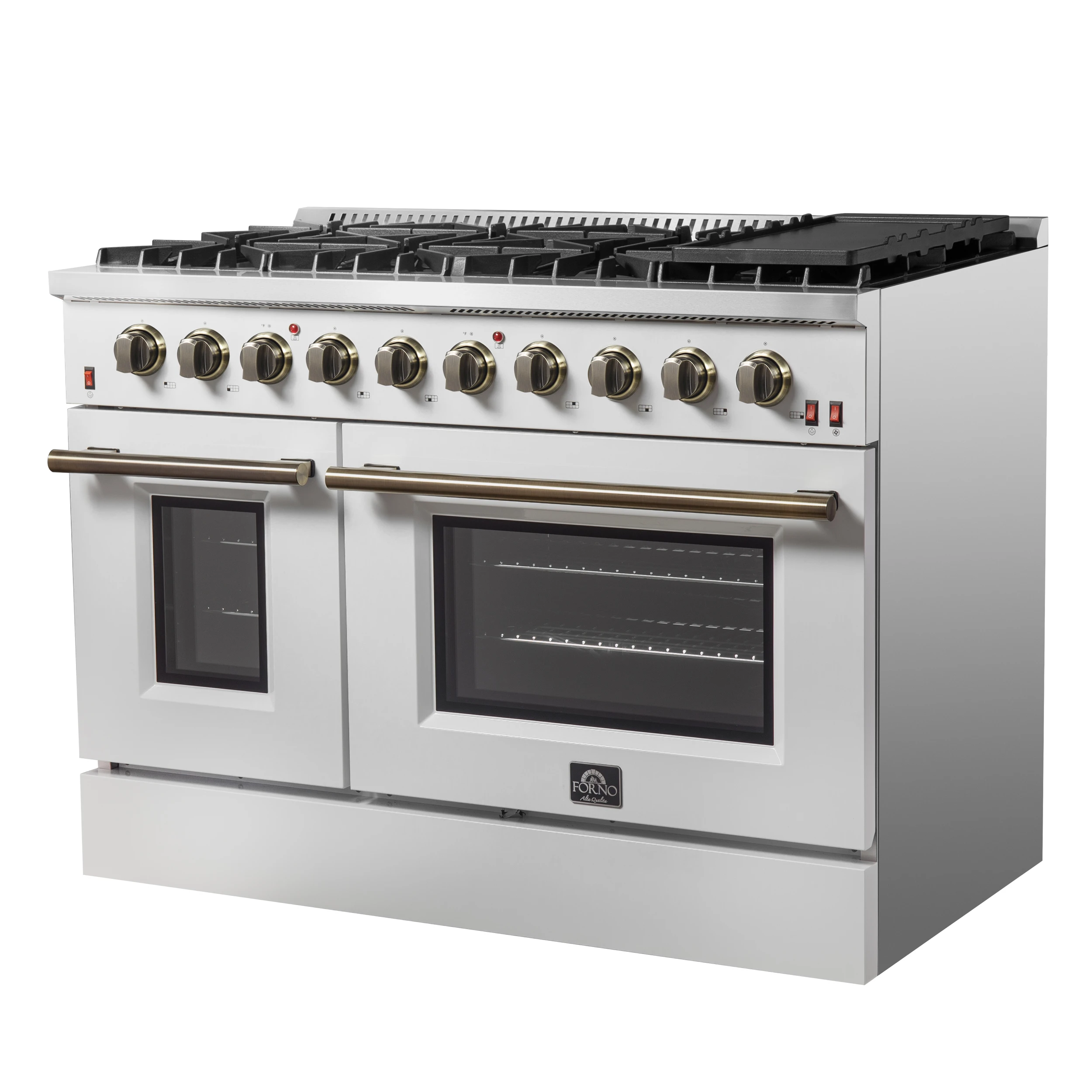 Galiano 48-inch Gas Range & Antique Brass Design, 8 Burners, 107,000 BTU, Griddle, 6.58 cu.ft. Double Ovens FFSGS624448WHT