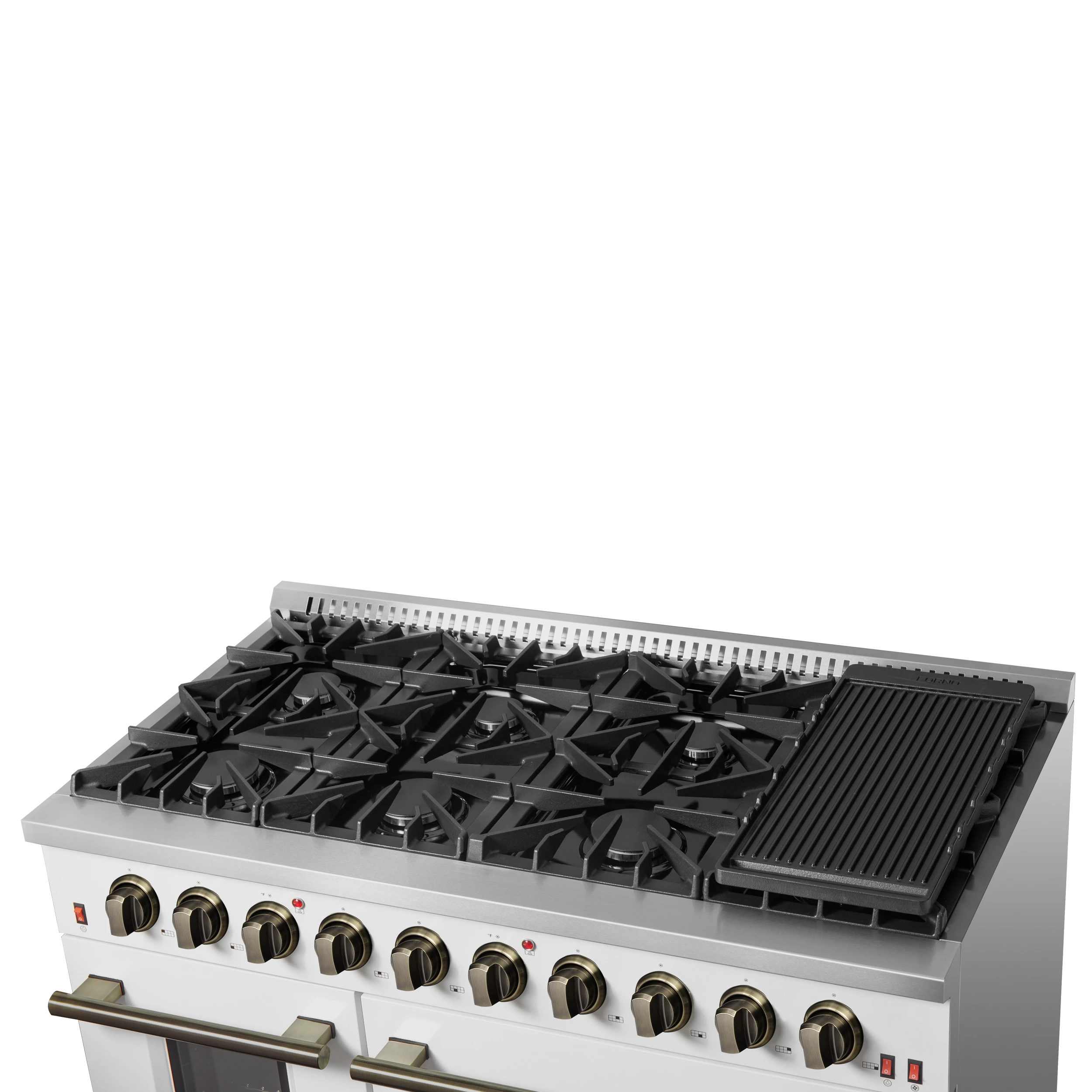 Galiano 48-inch Gas Range & Antique Brass Design, 8 Burners, 107,000 BTU, Griddle, 6.58 cu.ft. Double Ovens FFSGS624448WHT