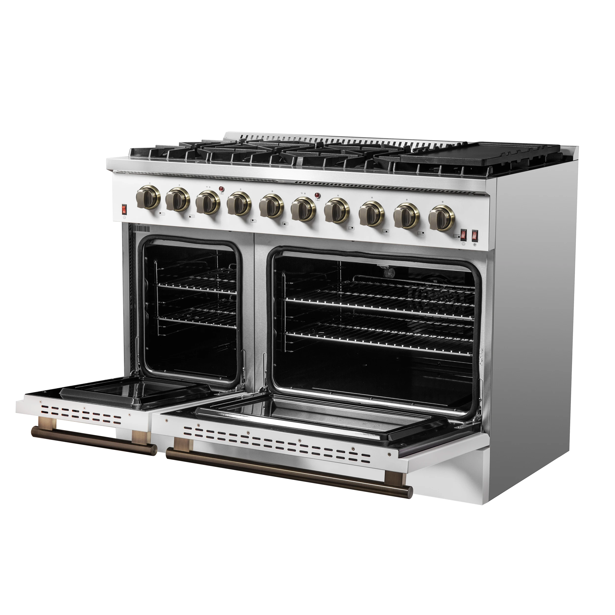Galiano 48-inch Gas Range & Antique Brass Design, 8 Burners, 107,000 BTU, Griddle, 6.58 cu.ft. Double Ovens FFSGS624448WHT