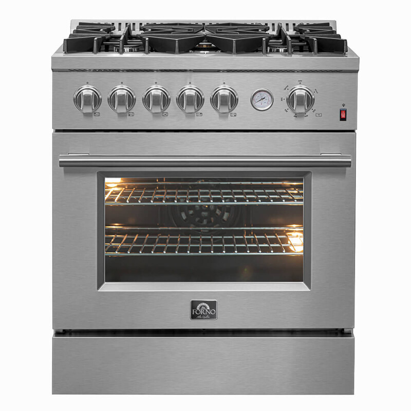 FORNO Giovanni 30-inch Gas Range Stainless Steel, 5 Burners 67,000 BTU, 4.32 cu.ft. Convection Oven FFSGS627430