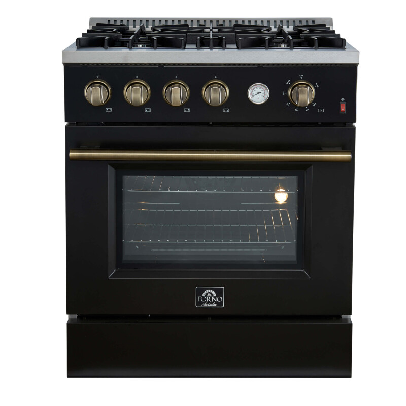 FORNO Marco 30-inch Gas Range Black & Antique Brass Design, 4 Burners 37,000 BTU, 4.32 cu.ft. Convection Oven with Built-In Temperature Gauge FFSGS627730BLK