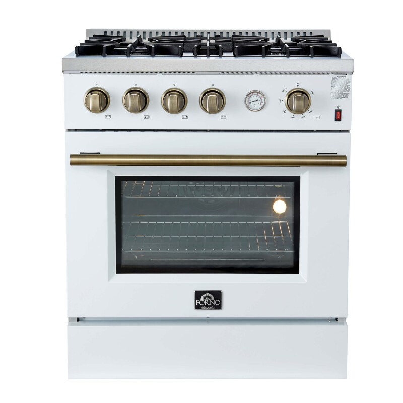 FORNO Marco 30-inch Gas Range Black & Antique Brass Design, 4 Burners 37,000 BTU, 4.32 cu.ft. Convection Oven with Built-In Temperature Gauge FFSGS627730WHT