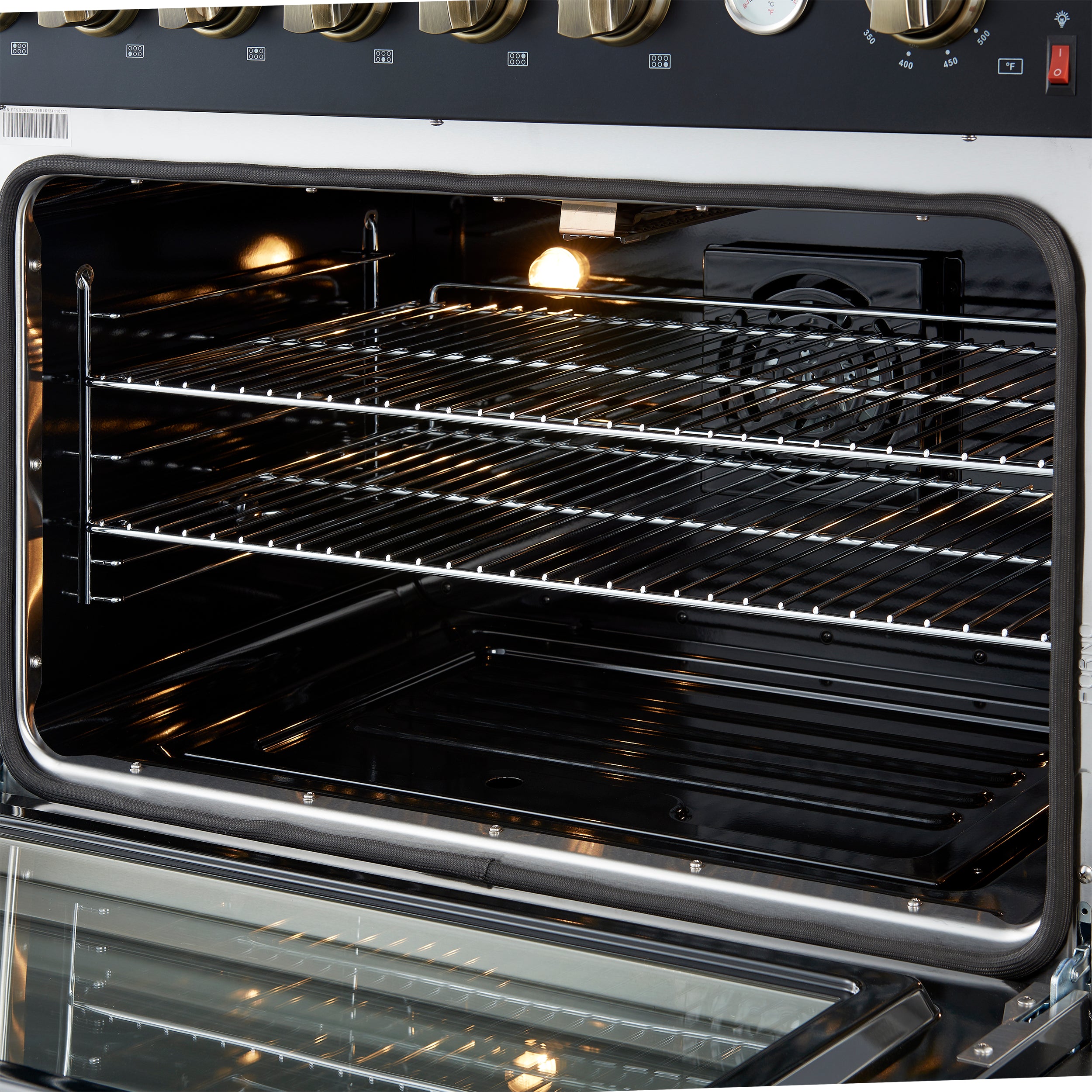 Marco 36-Inch Gas Range & Antique Brass Design, 6 Burners 67,000 BTU, 5.36 cu.ft. Convection Oven FFSGS627736BLK