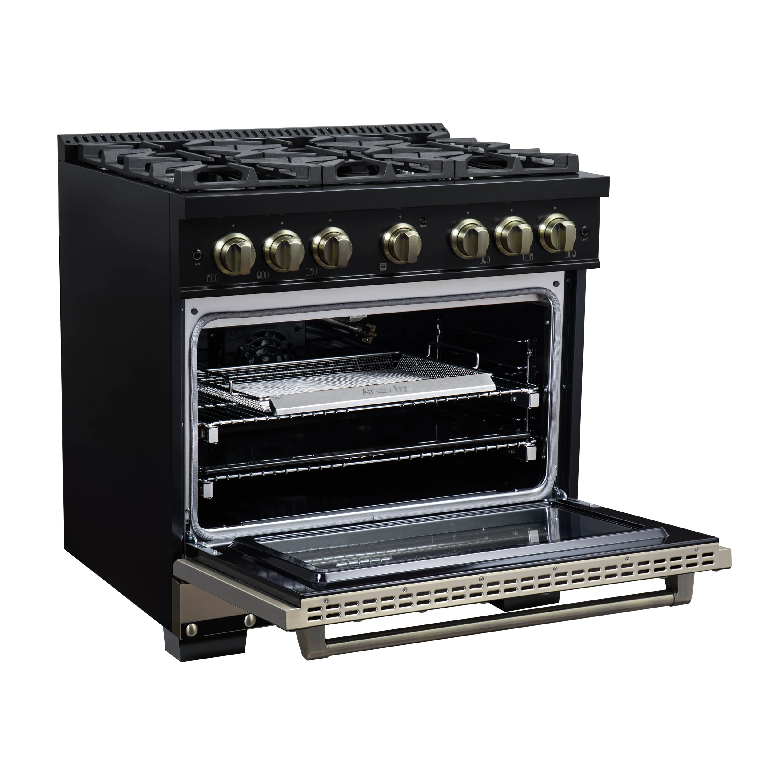 Valente 36" Gas Range in , 6 Sealed Burnes, 71 000 BTU Cooktop Output , 5.2 Cu.Ft. convection Oven, Telescopic Racks FFSGS629936CPBLK