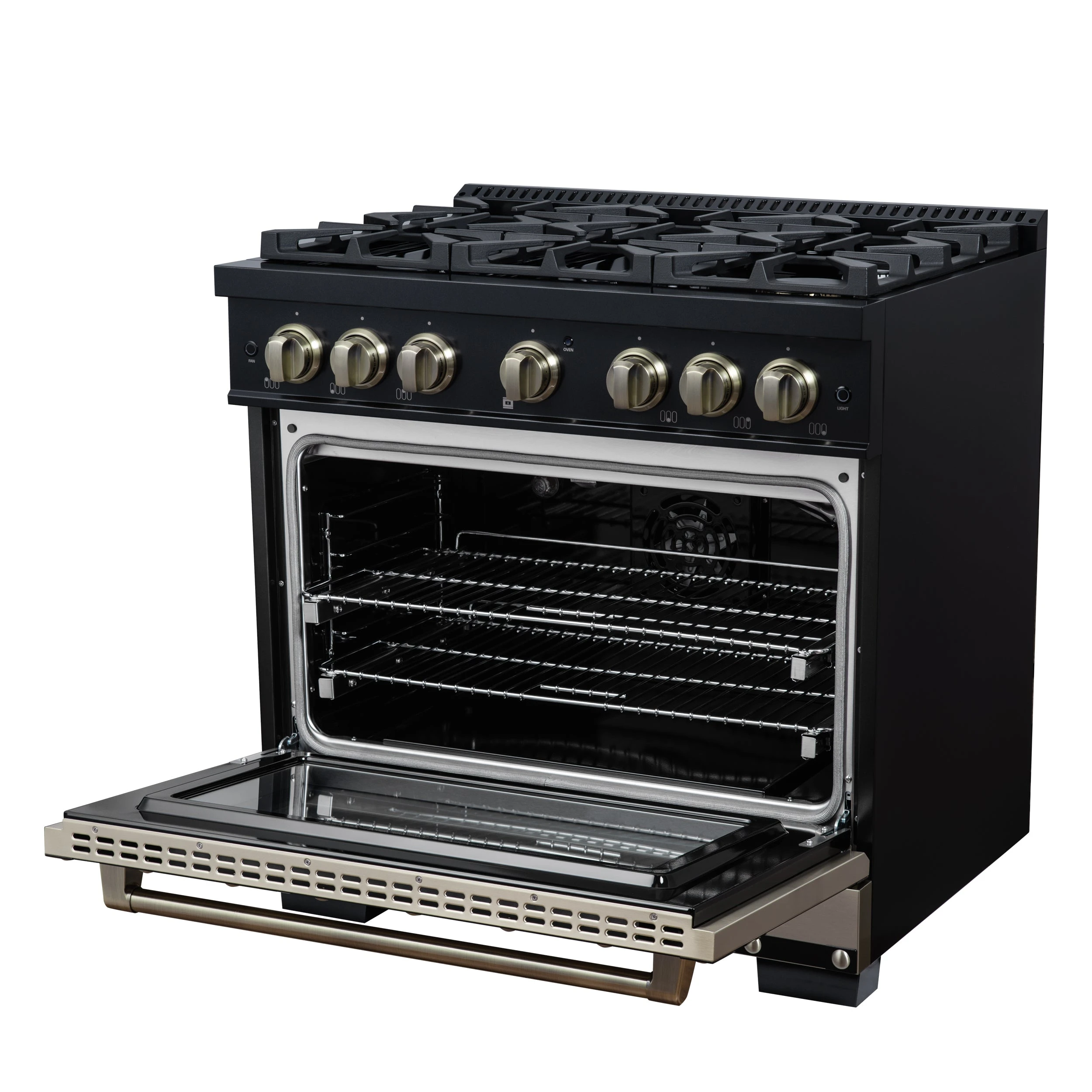 Valente 36" Gas Range in , 6 Sealed Burnes, 71 000 BTU Cooktop Output , 5.2 Cu.Ft. convection Oven, Telescopic Racks FFSGS629936CPBLK