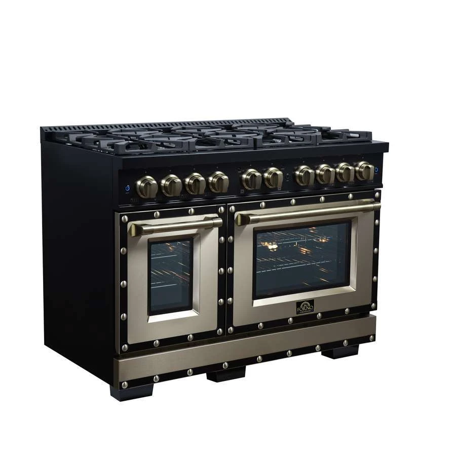 Valente 48" Gas Range in Black, 8 Sealed Burnes, 94 000 BTU Cooktop Output, 6.7 Cu.Ft. Double Oven, Telescopic Racks FFSGS629948CPBLK