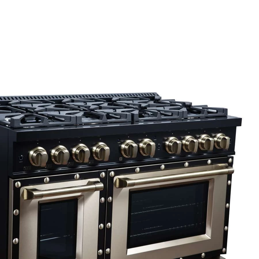 Valente 48" Gas Range in Black, 8 Sealed Burnes, 94 000 BTU Cooktop Output, 6.7 Cu.Ft. Double Oven, Telescopic Racks FFSGS629948CPBLK