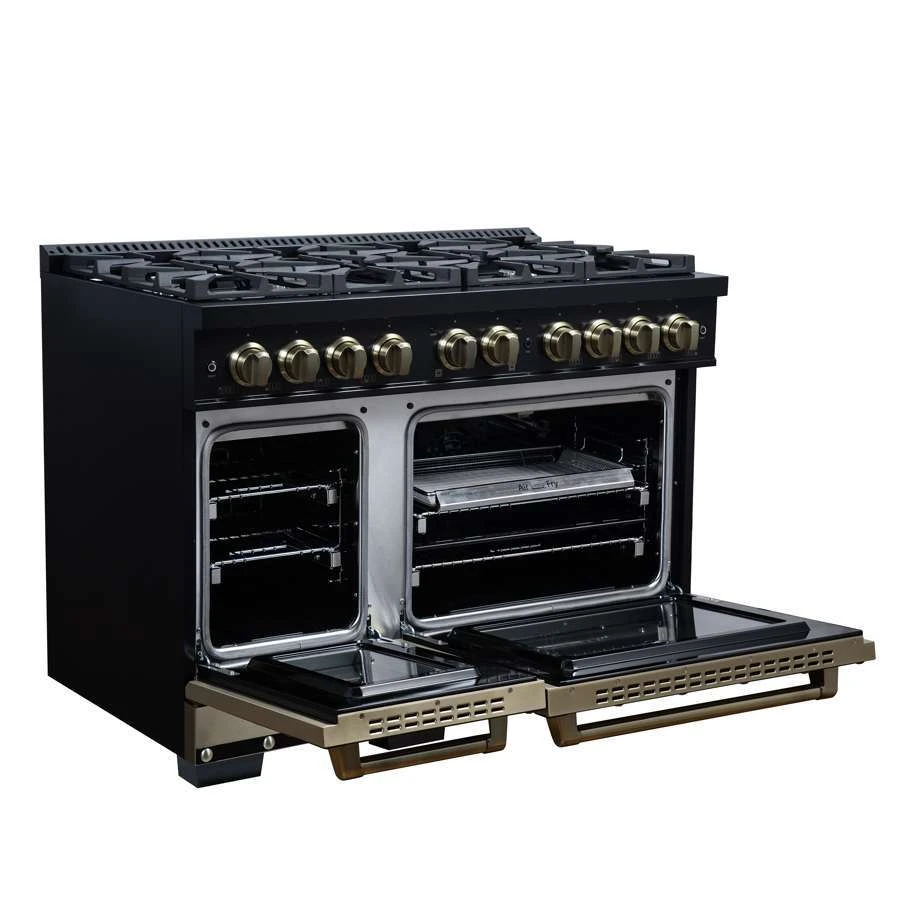 Valente 48" Gas Range in Black, 8 Sealed Burnes, 94 000 BTU Cooktop Output, 6.7 Cu.Ft. Double Oven, Telescopic Racks FFSGS629948CPBLK