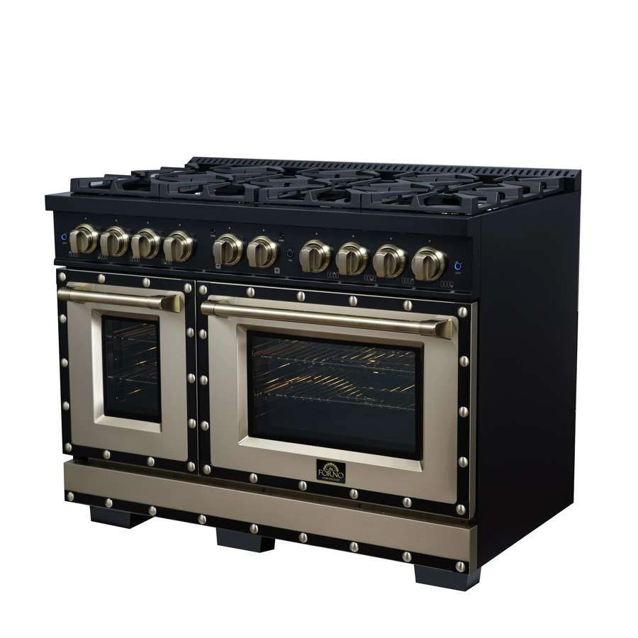 Valente 48" Gas Range in Black, 8 Sealed Burnes, 94 000 BTU Cooktop Output, 6.7 Cu.Ft. Double Oven, Telescopic Racks FFSGS629948CPBLK