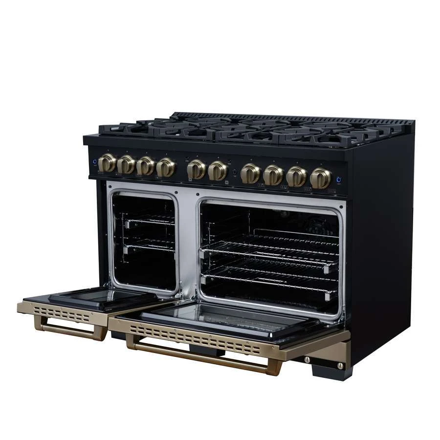 Valente 48" Gas Range in Black, 8 Sealed Burnes, 94 000 BTU Cooktop Output, 6.7 Cu.Ft. Double Oven, Telescopic Racks FFSGS629948CPBLK