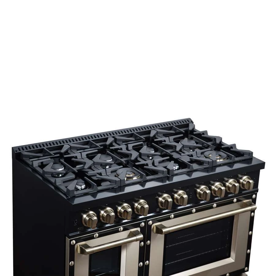 Valente 48" Gas Range in Black, 8 Sealed Burnes, 94 000 BTU Cooktop Output, 6.7 Cu.Ft. Double Oven, Telescopic Racks FFSGS629948CPBLK