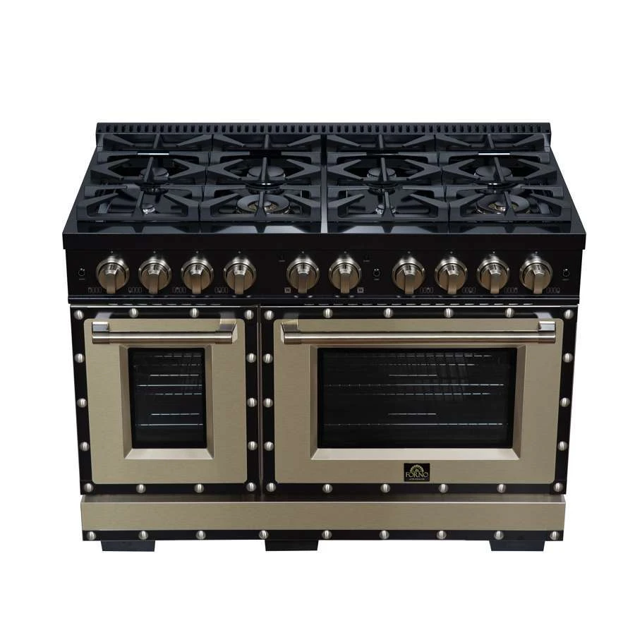 Valente 48" Gas Range in Black, 8 Sealed Burnes, 94 000 BTU Cooktop Output, 6.7 Cu.Ft. Double Oven, Telescopic Racks FFSGS629948CPBLK