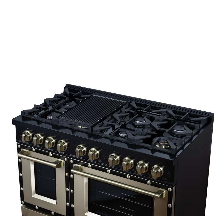 Valente 48" Gas Range in Black, 8 Sealed Burnes, 94 000 BTU Cooktop Output, 6.7 Cu.Ft. Double Oven, Telescopic Racks FFSGS629948CPBLK