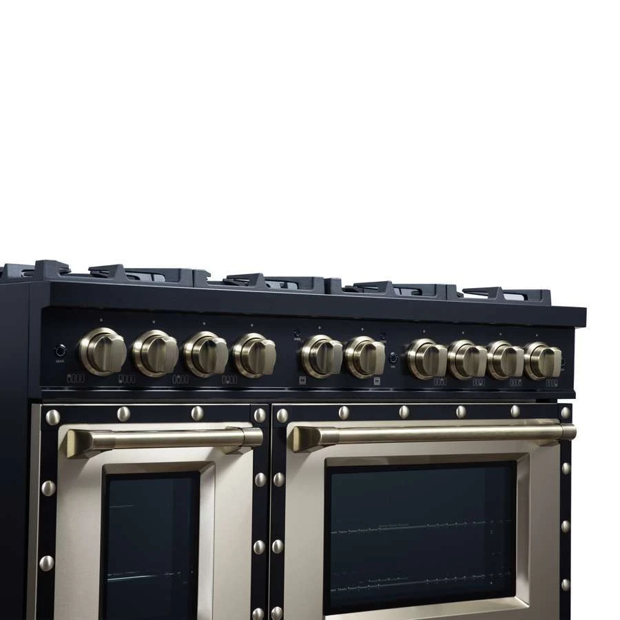 Valente 48" Gas Range in Black, 8 Sealed Burnes, 94 000 BTU Cooktop Output, 6.7 Cu.Ft. Double Oven, Telescopic Racks FFSGS629948CPBLK