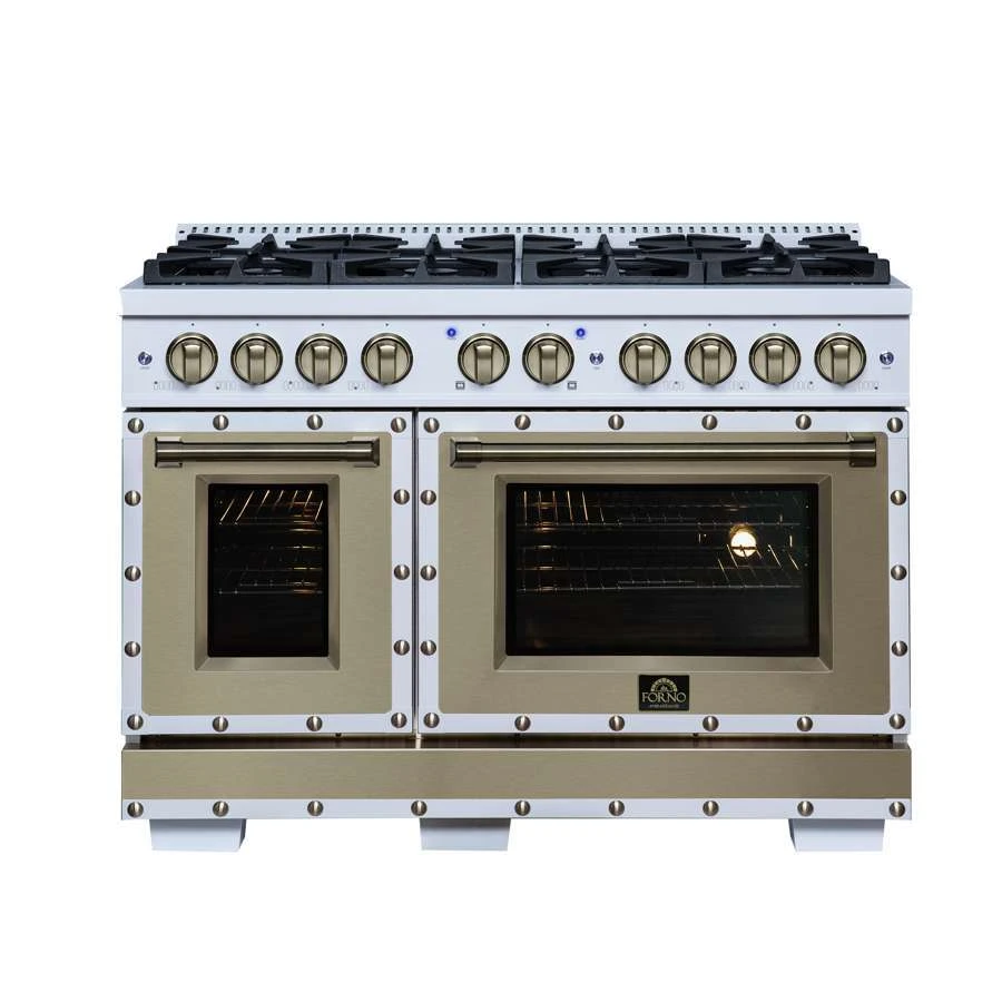 Valente 48" Gas Range in White, 8 Sealed Burnes, 94 000 BTU Cooktop Output, 6.7 Cu.Ft. Double Oven, Telescopic Racks FFSGS629948CPWHT