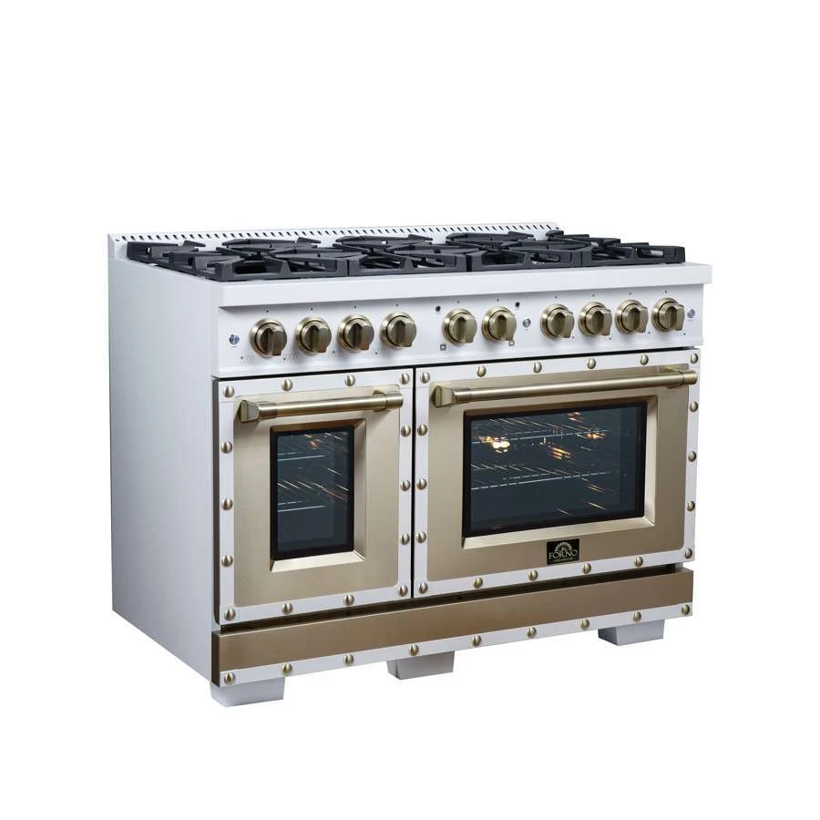 Valente 48" Gas Range in White, 8 Sealed Burnes, 94 000 BTU Cooktop Output, 6.7 Cu.Ft. Double Oven, Telescopic Racks FFSGS629948CPWHT