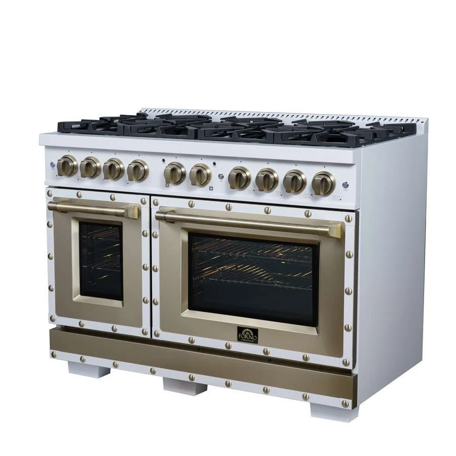 Valente 48" Gas Range in White, 8 Sealed Burnes, 94 000 BTU Cooktop Output, 6.7 Cu.Ft. Double Oven, Telescopic Racks FFSGS629948CPWHT