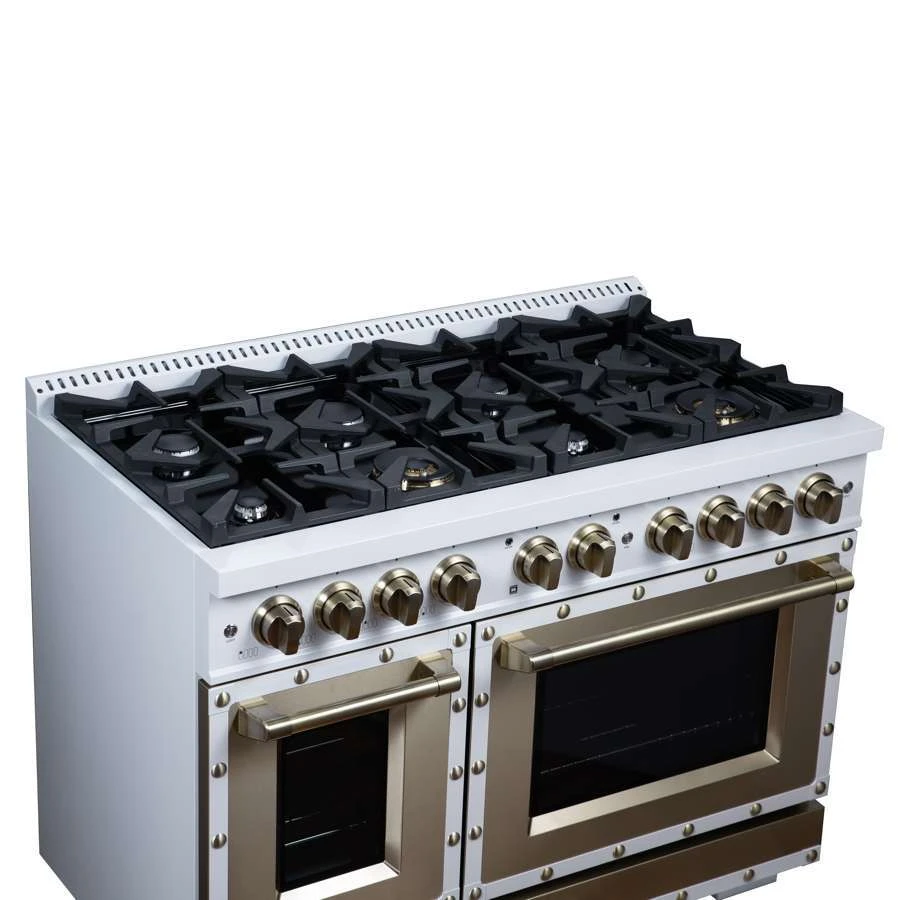 Valente 48" Gas Range in White, 8 Sealed Burnes, 94 000 BTU Cooktop Output, 6.7 Cu.Ft. Double Oven, Telescopic Racks FFSGS629948CPWHT