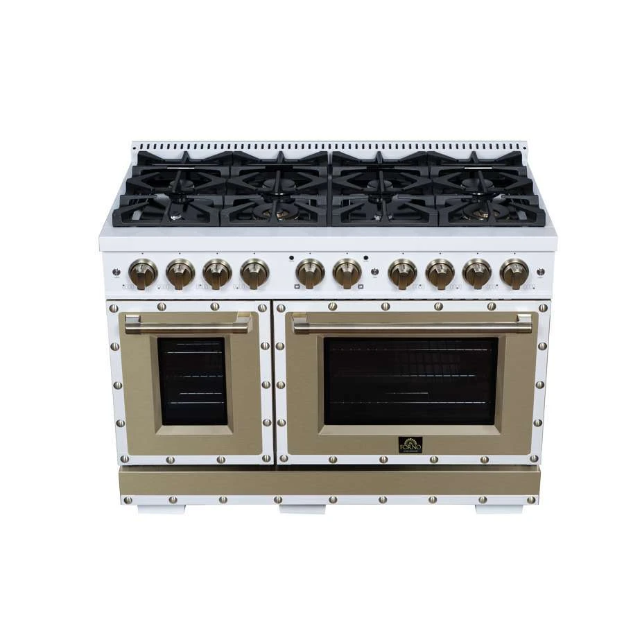 Valente 48" Gas Range in White, 8 Sealed Burnes, 94 000 BTU Cooktop Output, 6.7 Cu.Ft. Double Oven, Telescopic Racks FFSGS629948CPWHT